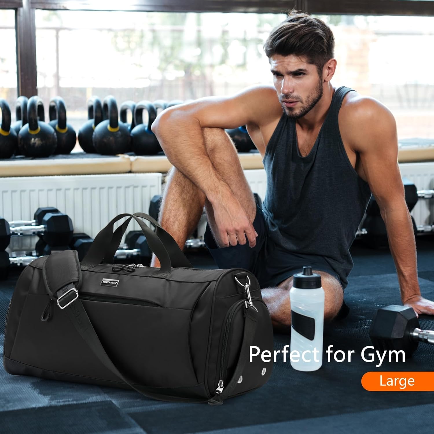 TOPDesign Gym Bag for Women & Men, Unisex Duffel Bag with Shoe Compartment & Wet Pocket for Travel Sports Gym (M Black) - Image 2