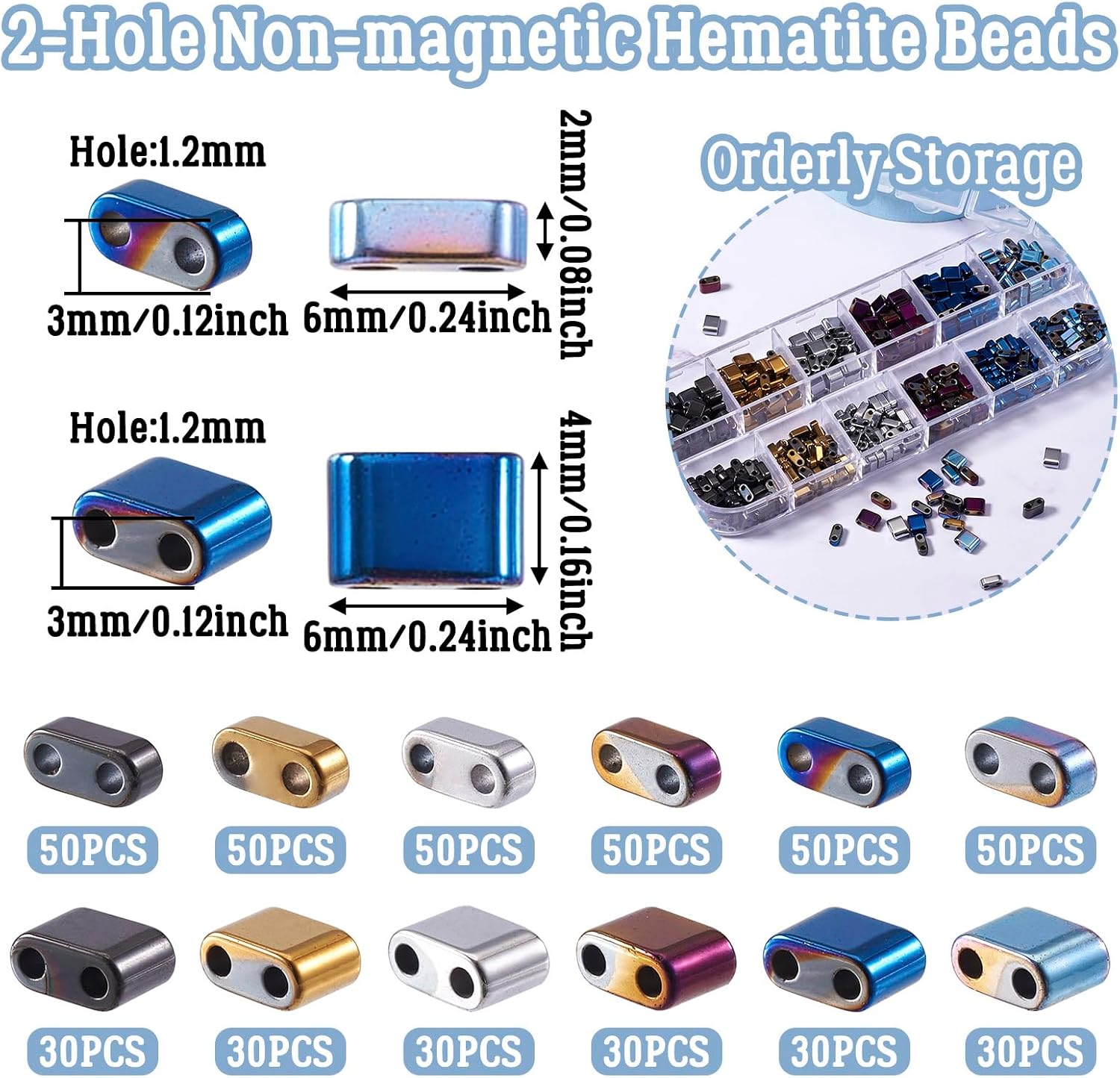 480Pcs Hematite Tila Beads Rectangle Square Beads 6 Colors Metallic Stone Beads Black Gold Silver 2 Hole Bracelet Beads for Crafts DIY Multi Strand Jewelry Making Supplies 6x4mm 6x2mm image 4
