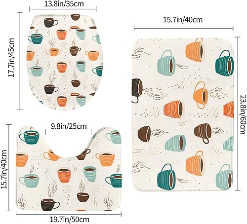 Miniatura 2 de Anti-Slip Floor Mat Set of 3 DDCXZPP Abstract Coffee Cup Printed U-Shaped Toilet Floor Mat, Tightly Attached, Absorbent & Durable, Thick &