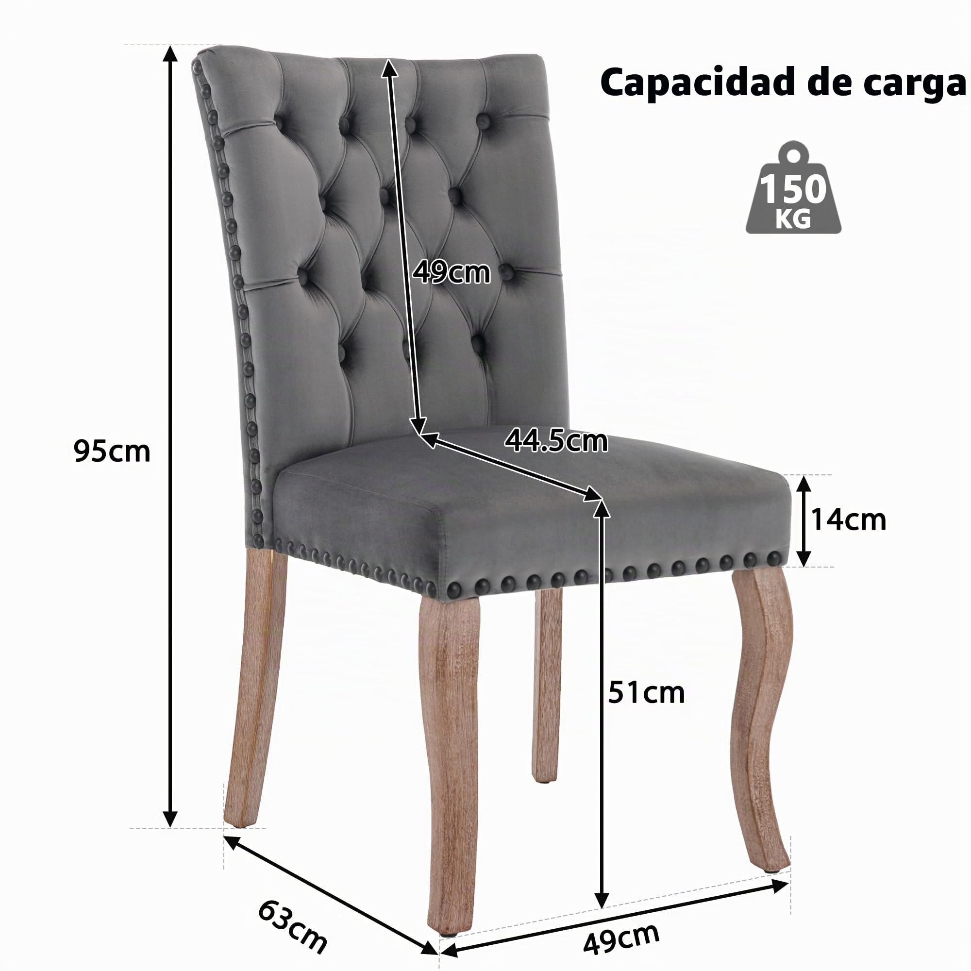 Silla de comedor (silla de cocina, silla de salón con aldaba única en la parte trasera), silla tapizada con cabeza de clavo, patas de madera maciza, funda de terciopelo, gris, 2 unidades