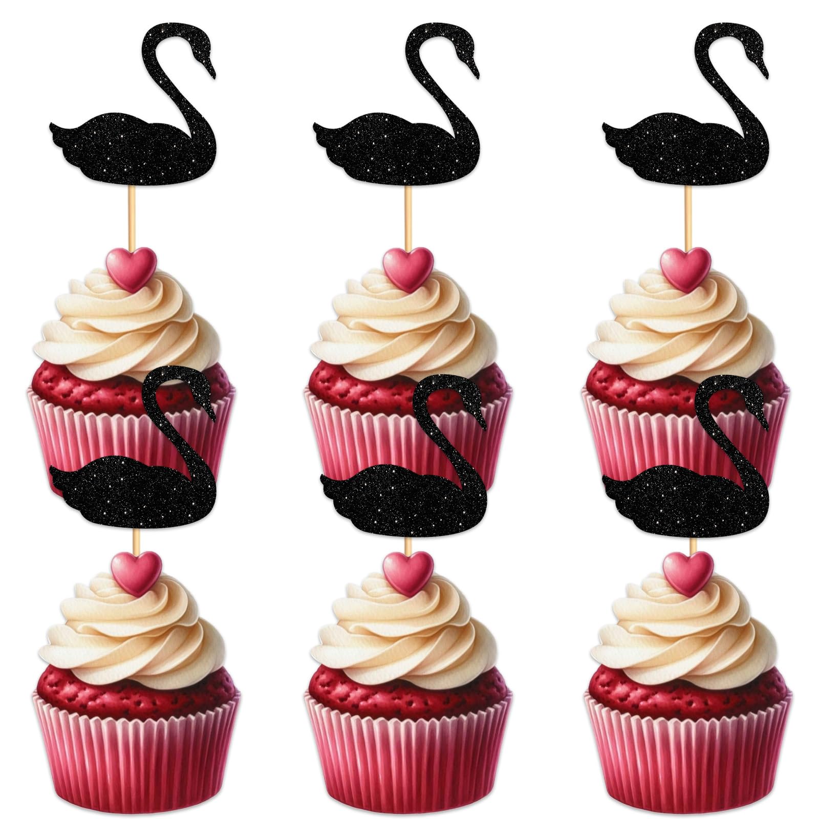 W Swan Cupcake Topper for Beautiful Swan Theme Party Favors Decorations Fitness Enthusiast Happy Birthday Party Decor Supplies set 18pcs Black Glitter