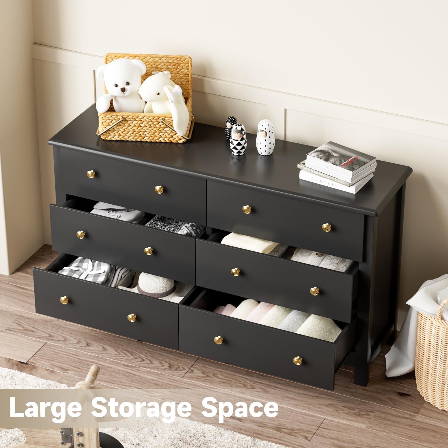 Dresser with all six drawers open, showing various folded clothes inside, demonstrating large storage space