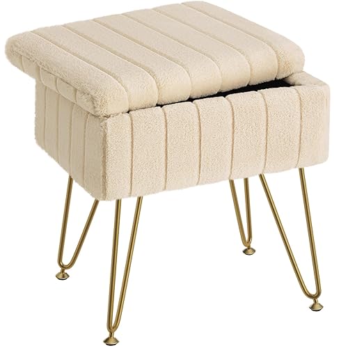 Greenstell Vanity Stool Chair Faux Fur with Storage, 19.4" H x 15.7" L x 11.8" W Soft Ottoman 4 Metal Legs with Anti-Slip Feet, Furry Padded Seat, Modern Multifunctional Chairs for Makeup, Bedroom - Camel Color