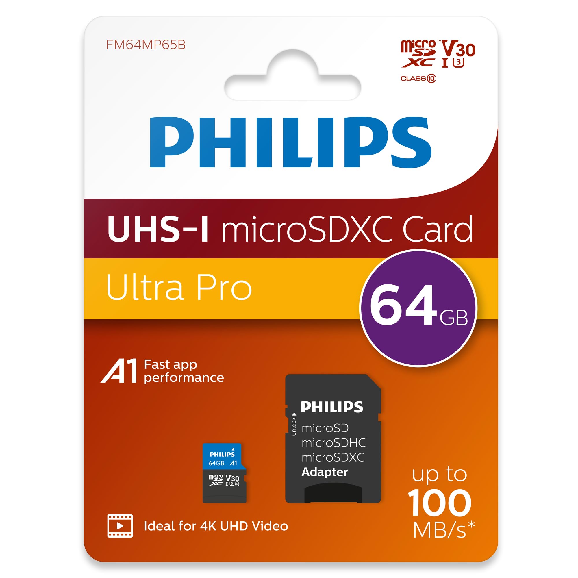 Philips Ultra Pro MicroSDXC 64GB + Adattatore SD | Lettura 100MB/s | A1, U3, V30 | 4K UHD | Per Smartphone, Tablet, GoPro, DJI