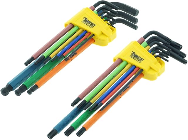 18 Piece SabreCut SCTGKB1 Soft Grip Comfort Extra Long Black Oxide Hex, Hex Diamond (Hex Plus) and Torx Security Key Sets with Colour Coding - Sizes 1.5mm-10mm, T10-T50