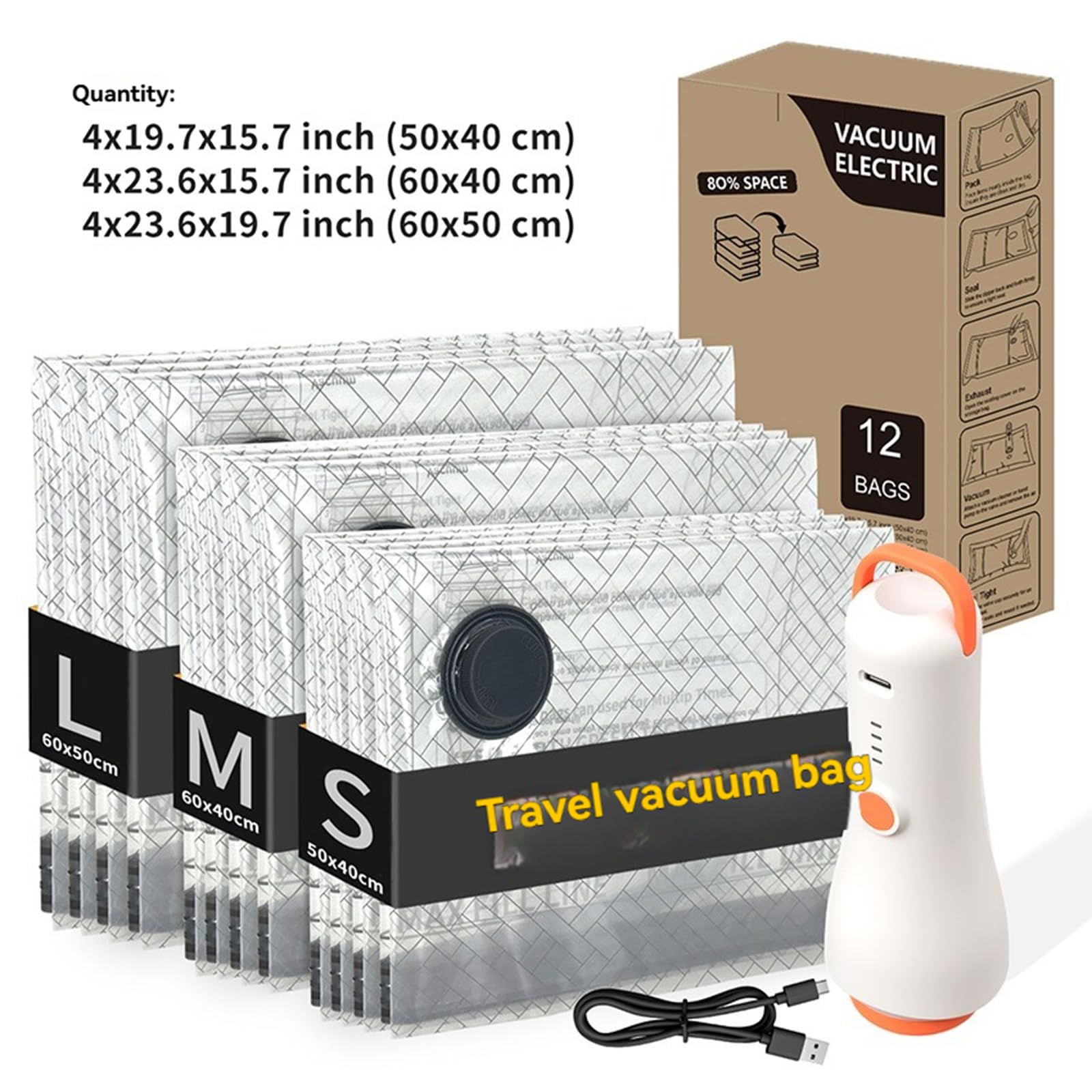 Vakuum-Kompressionsbeutel, transparent, platzsparend, Aufbewahrungsbeutel, L/M/S, für Reisen und Zuhause, Aufbewahrung von Kleidung, Decken, Vakuumbeutel mit wiederaufladbarer kabelloser