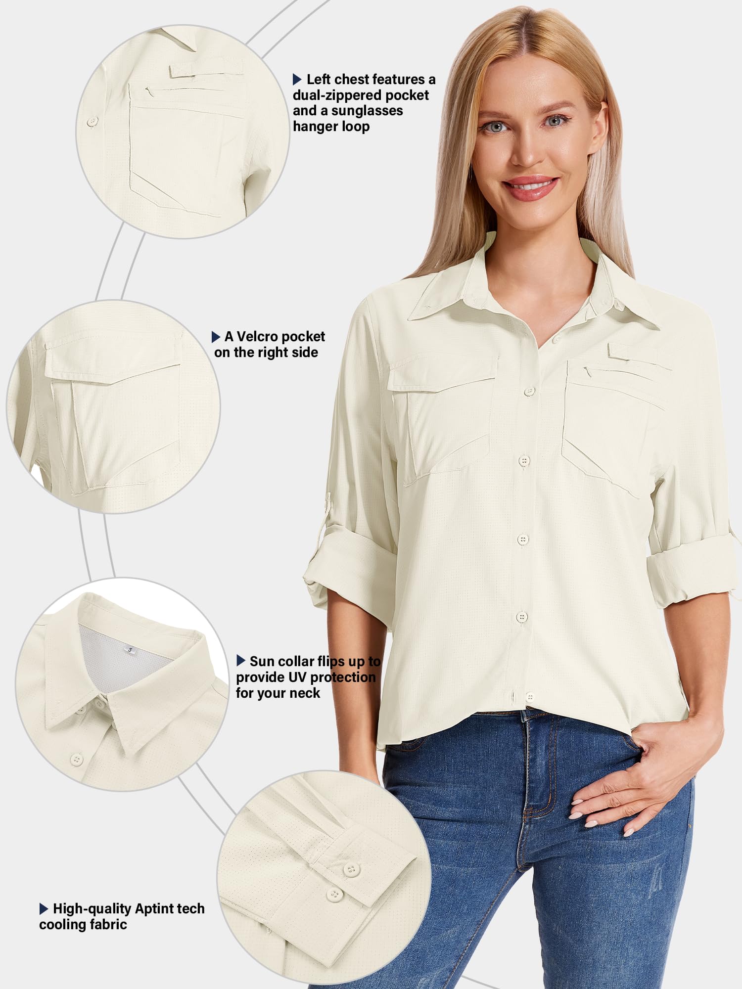 Camisa Safari para mujer, protección solar UPF 50, secado rápido, manga larga, senderismo, pesca, viajes al aire libre