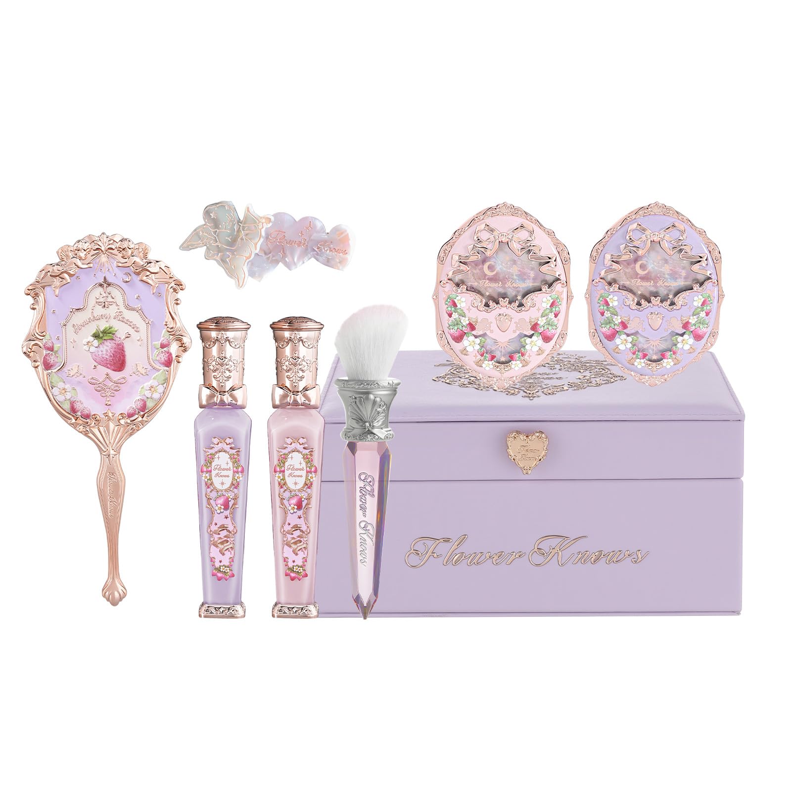 Flower Knows Violet Strawberry Rococo Makeup Box Set,8-Piece Makeup Box with Mirror,Lip Gloss×2+Blush×2+Blush Brush×1+Wisteria Purple Handheld mirror×1+Hair Clip×1+Gift Box×1