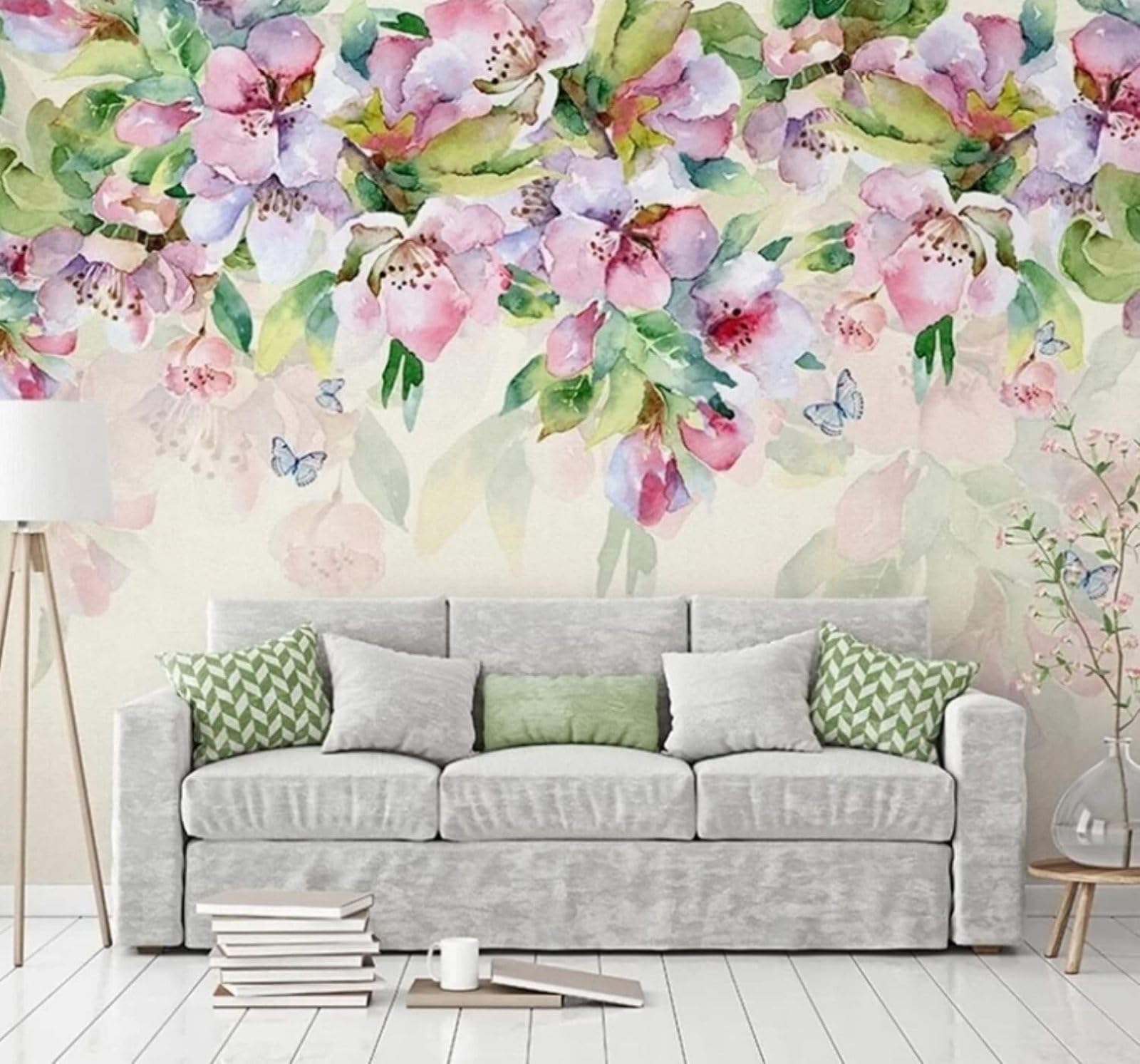 XLMING Hand Drawn Watercolour Pink Flowers Green Leaves 3D Wallpaper Luxury Home Dining Decor Paste Sofa Living Room The Wall for Bedroom Mural-430cm×300cm