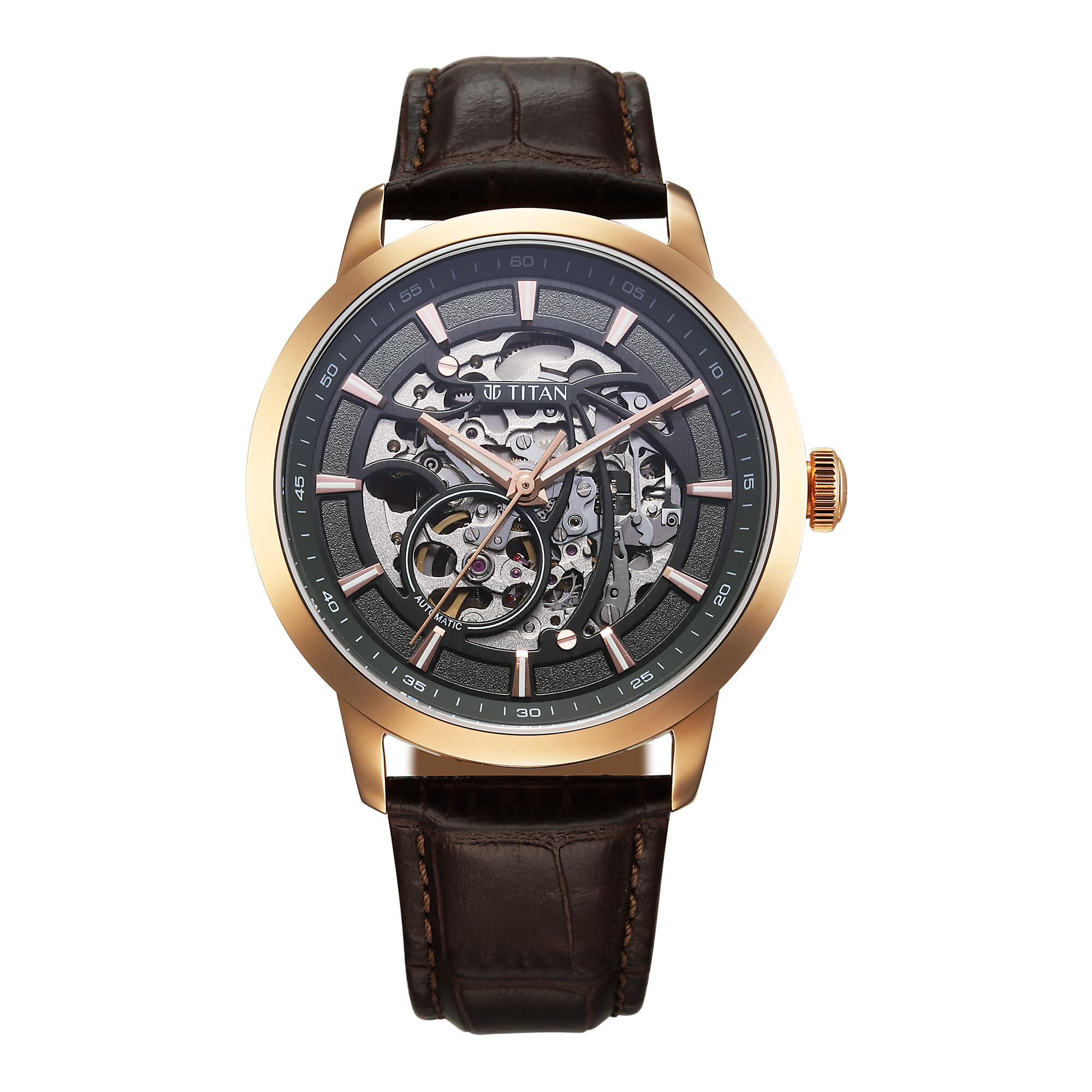 Titan Phoenix Skeletal Automatic Analog with Gun Dial Brown Leather Strap Watch for Men