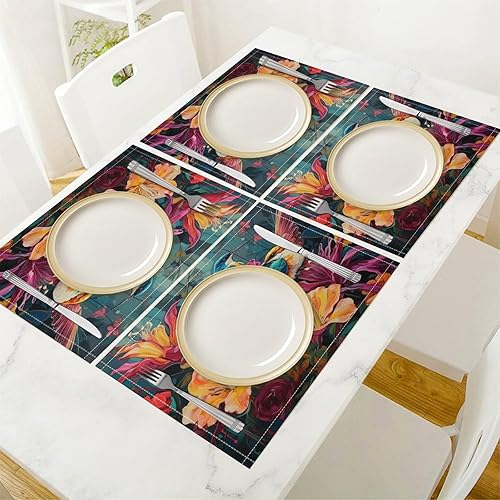 Miniatura 4 de Juego de 2 manteles individuales para mesa, diseño de lirios colgando en una rama son coloridos pájaros, algodón y lino, manteles individuales con