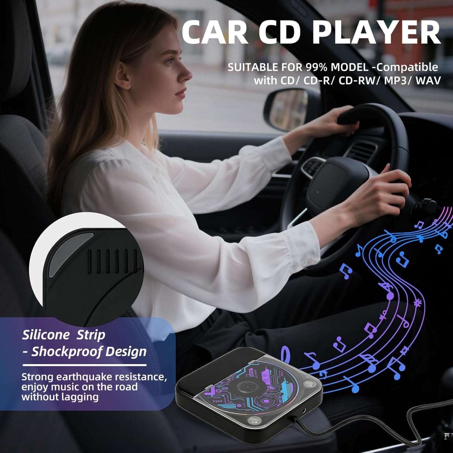 Reproductor de CD portátil para coche, reproductor de CD externo para coche con puertos USB/AUX, antisalto, reproductor de música universal para vehículo, portátil, TV, computadora, Plug