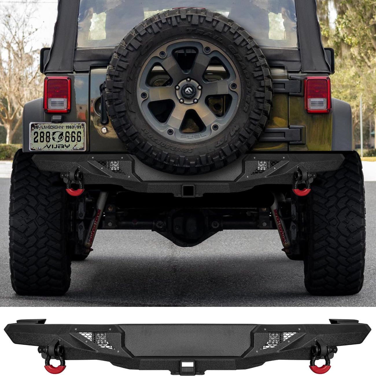 Vijay Rear Bumper Fits 2007-2018 Wrangler JK/JKU with LED Lights and D-ring and Spare tire rack