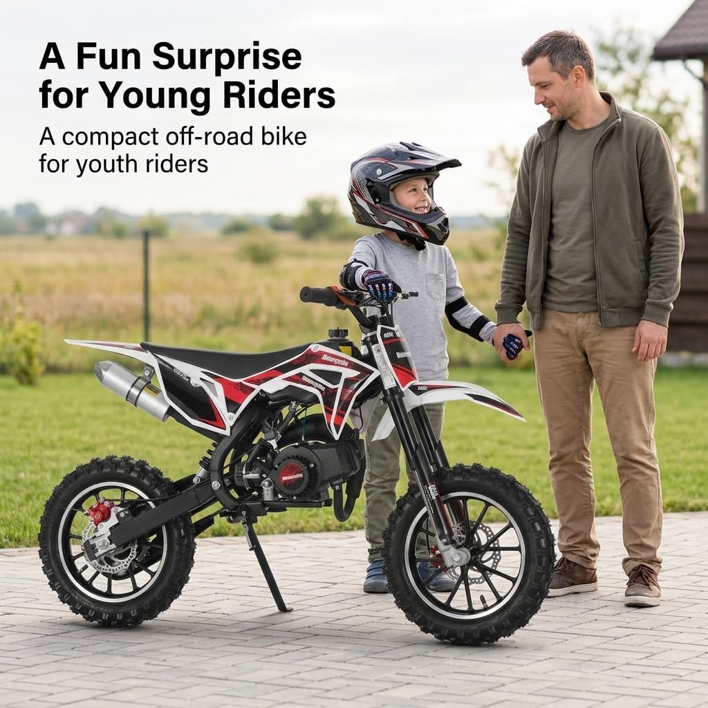 50cc 2-Stroke Kids Dirt Bike, Gas Powered Mini Pit Bike for Youth Riders, Pull-Start Pocket Motorcycle with Front & Rear Disc Brakes, 10-Inch Tires, Up to 25 MPH Pink