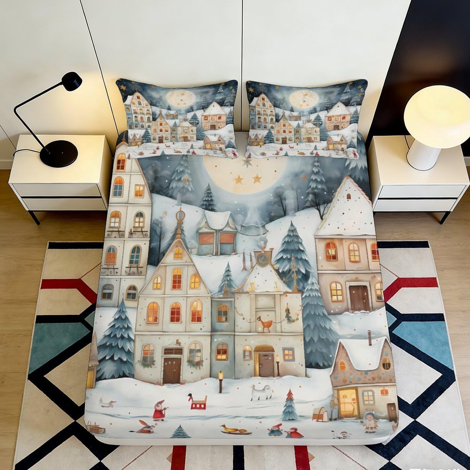 3D Printed Snow Village Fitted Sheet Microfiber Soft Winter Night Mattress Cover for Bedroom Guest Room Dorm Decor 200x200x25cm
