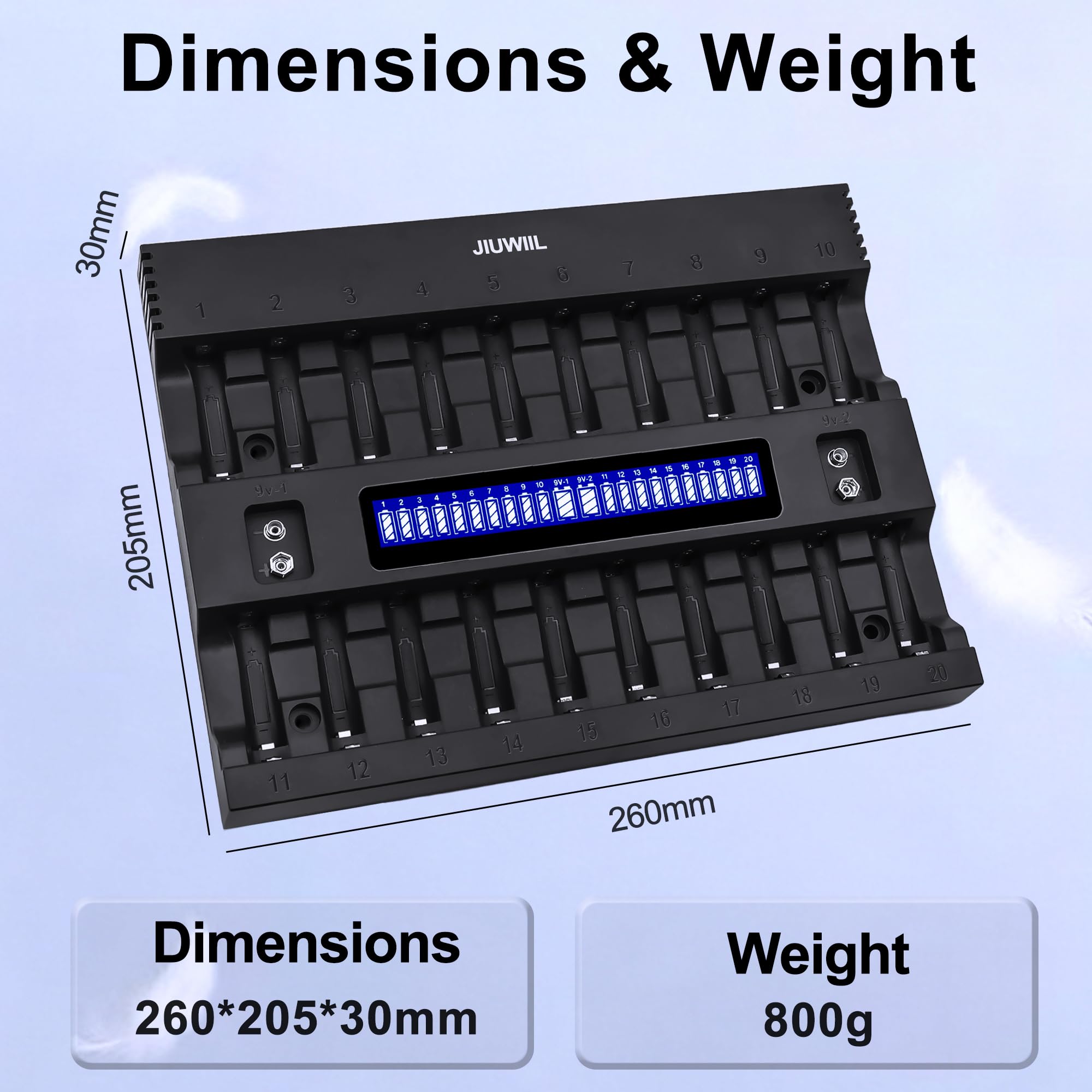 Cargador de Pilas AA AAA con 20+2 Ranuras con Pantalla LCD | Cargador inteligente, apto para baterías recargables de iones de litio, LiFePO4, RCR123, 18650, 26650, 10440, 14500 y 9V