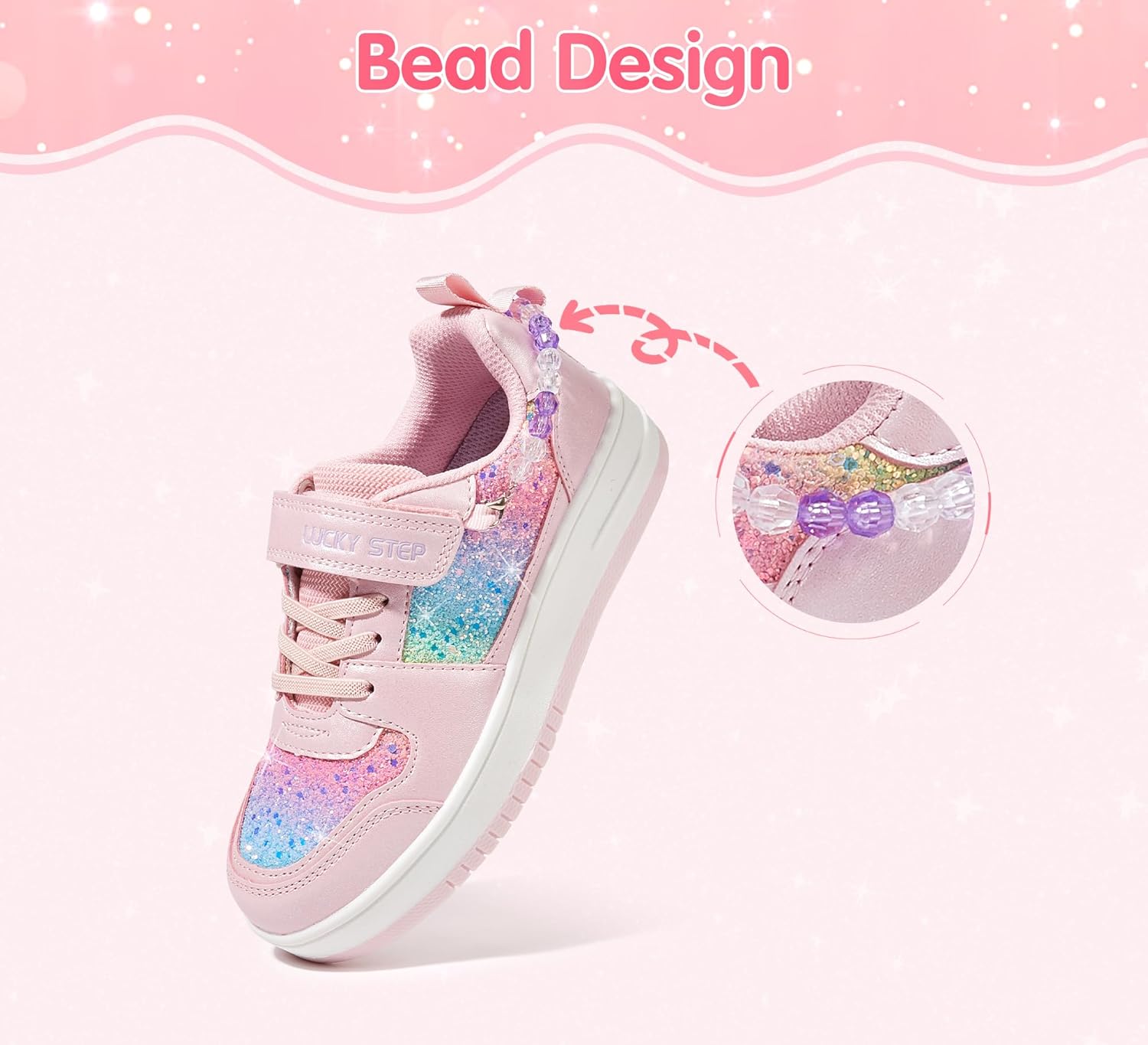 LUCKY STEP Girl's Glitter Sneakers Slip On Hook and Loops Athletic Sparkly Beads Casual Tennis School Party Cute Running Shoes for Children/Girls/Kids - Image 3