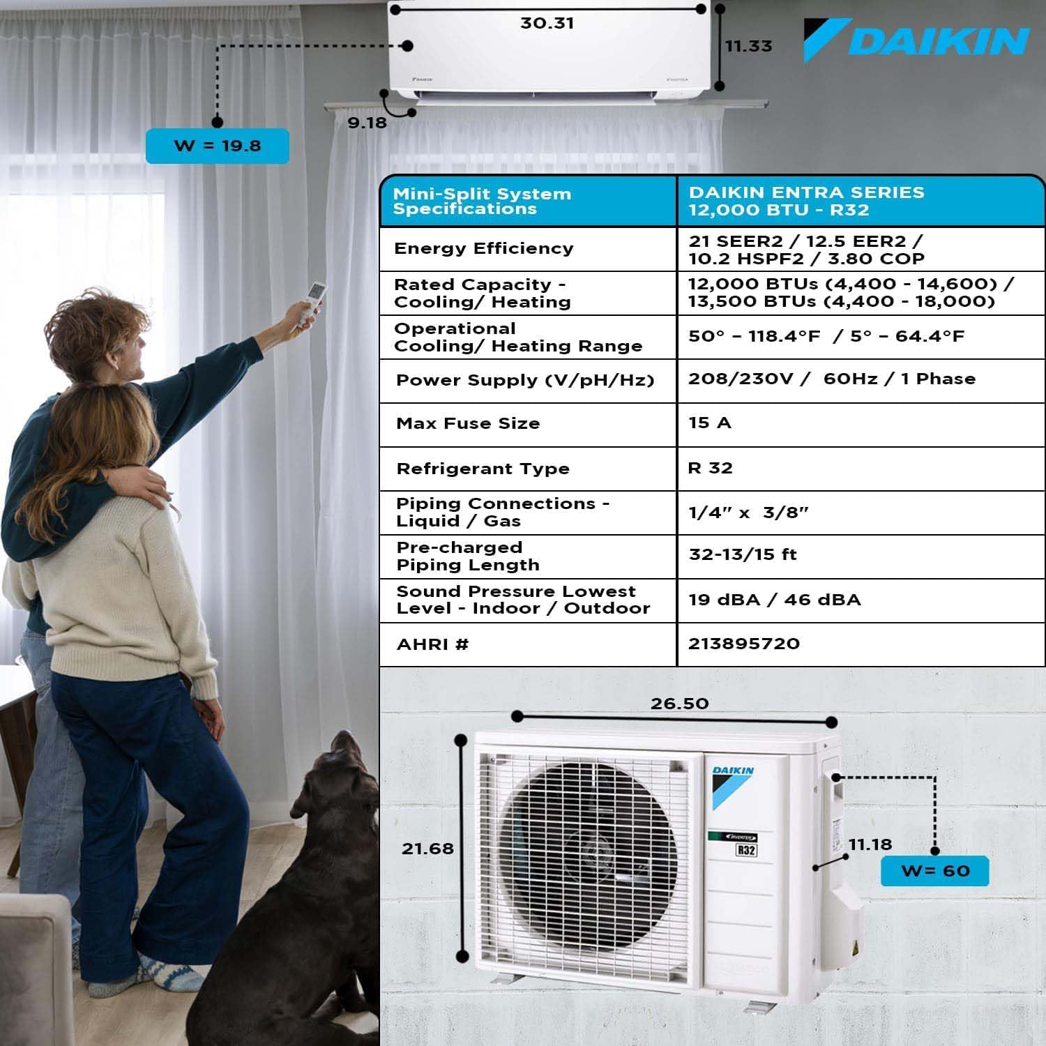 Daikin 12,000 Btu 21 SEER2 Oterra Series Ductless Mini-Split Wall Mount Heat Pump Air Conditioner - R32 w/Installation Kit, 1/2 Whip, 30A Disconnect and Wall Bracket