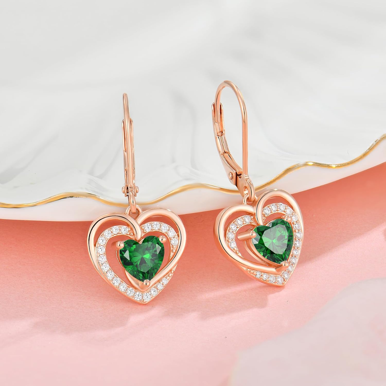 925 Sterling Silver Heart Birthstone Earrings for Women Dainty Dangle Drop Leverback Earrings with Rose Gold Plated 5A Cubic Zirconia Jewelry Birthday Gifts for Wife Her - Image 3