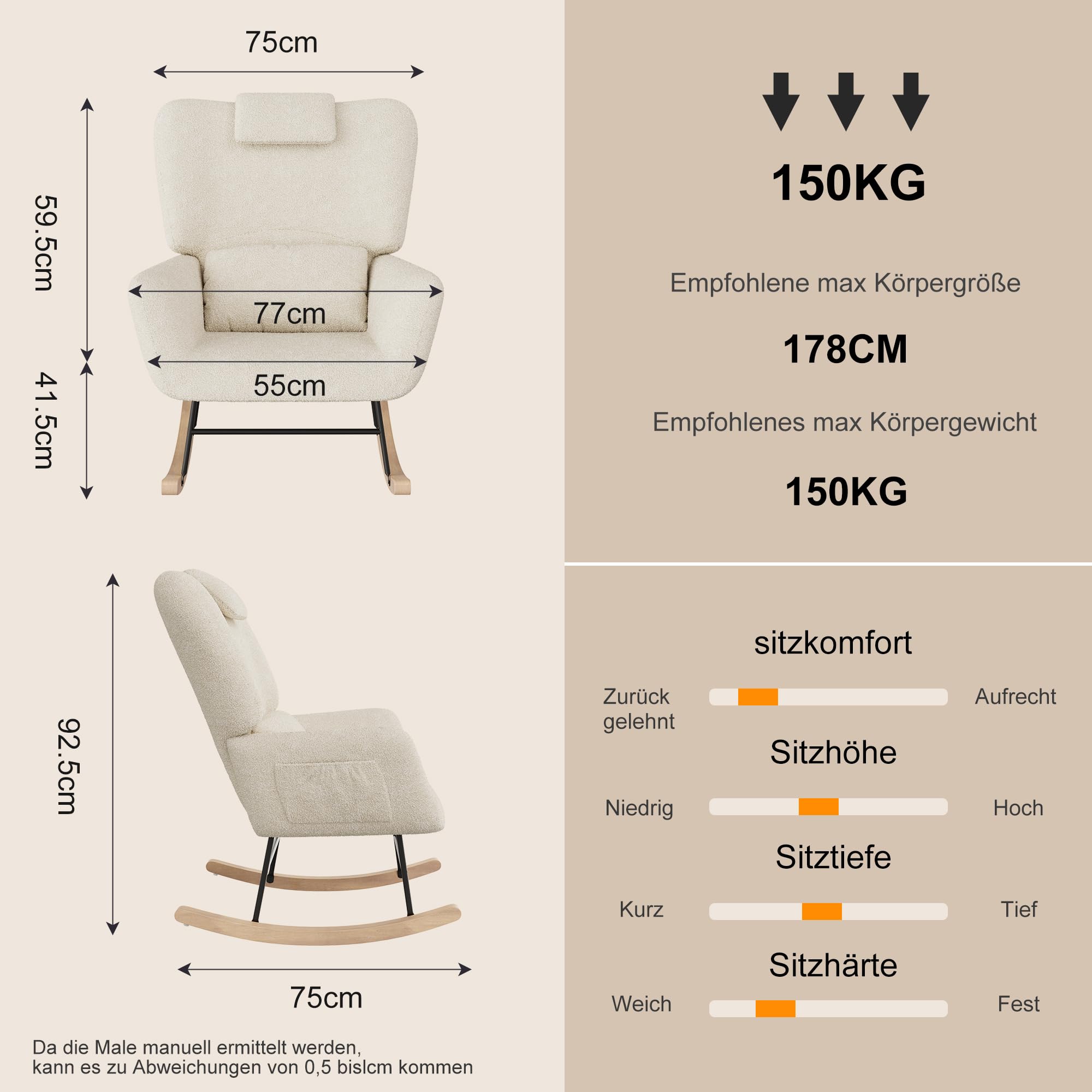 Fotel bujany z taboretem, fotel bujany Sherpa, ergonomiczny fotel do karmienia z poduszką lędźwiową i pod głowę, do salonu, pokoju dziecięcego, do 150 kg (kremowy)
