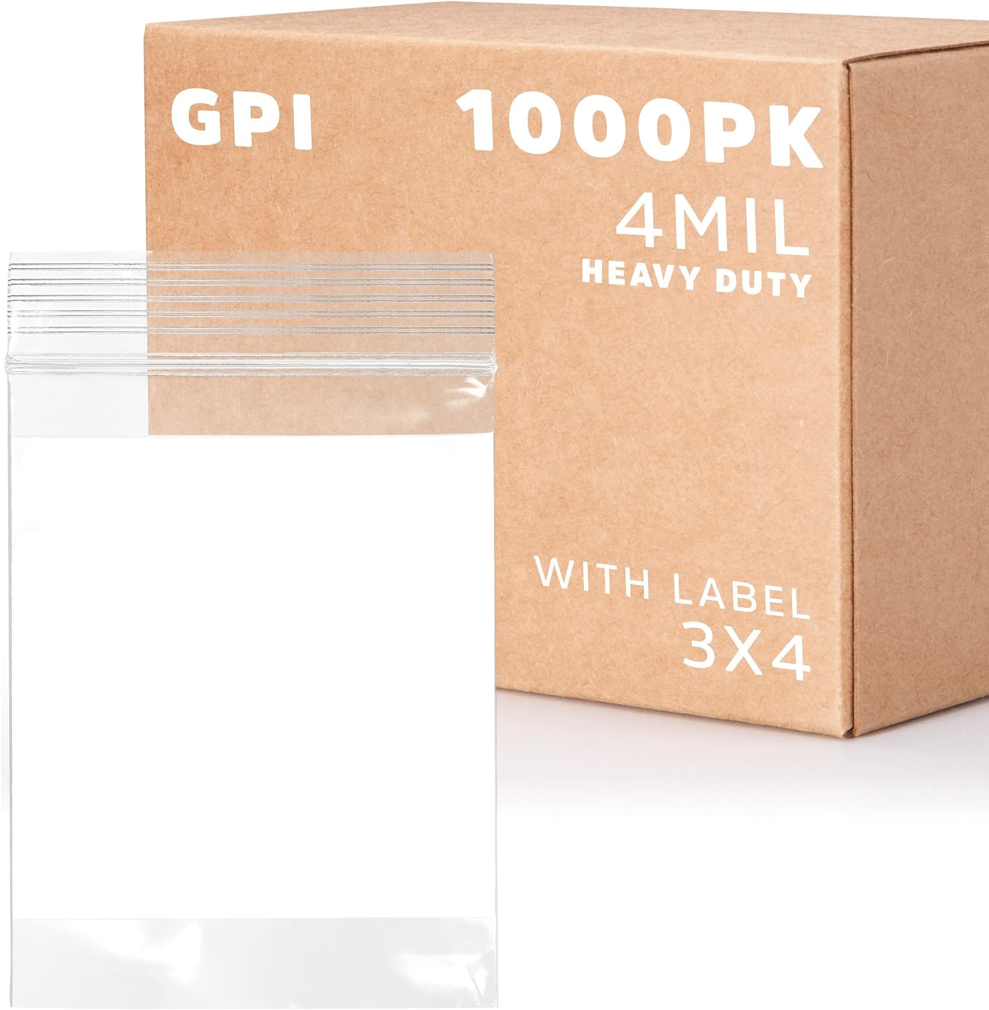 GPI - 3" x 4" - Bulk Case of 1000, 4 Mil Thick, Heavy Duty, Clear Plastic Reclosable Zip Bags, with Write-on White Block for Labeling, Strong & Durable Poly Baggies with Resealable Zipper Top Lock.