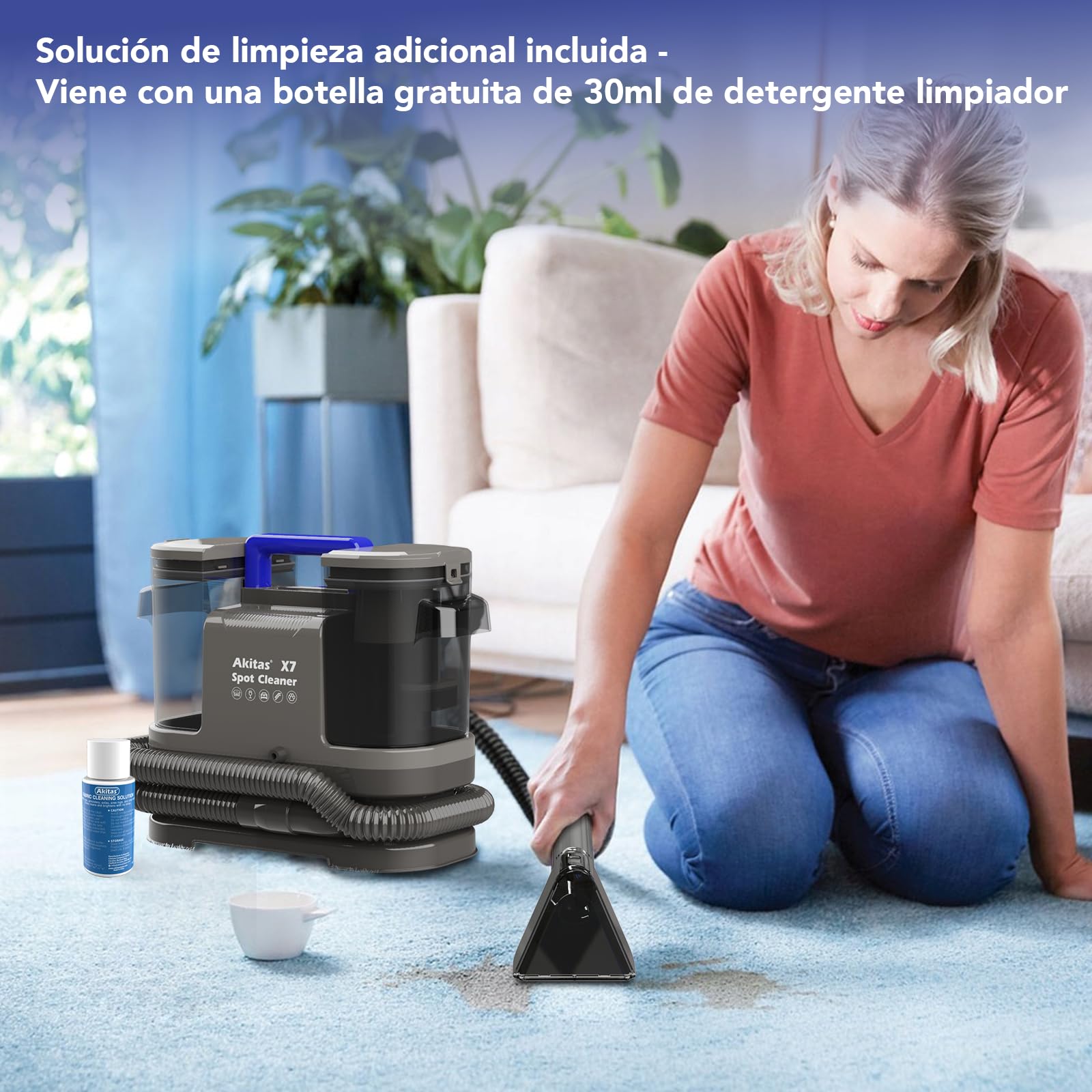 Akitas X7 600W Aspiradora de Agua Tapicería con Función de Autolimpieza Limpiador de Tapicerías Portátil 14kPa Pelos de Mascotas Sofás Colchones Alfombras Coches Depósito Doble(AKX7)