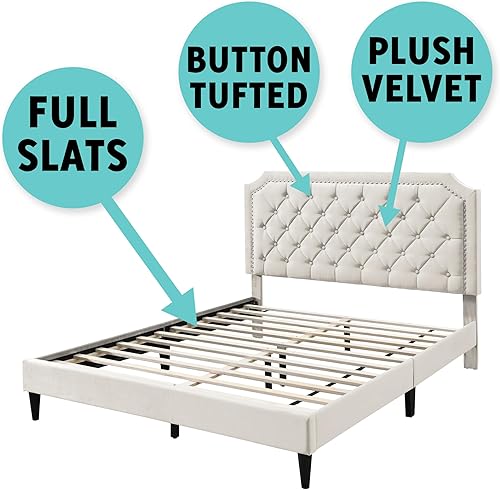 Miniatura 7 de Urban Home Furniture Mia Linen - Base de cama con cabecera tapizada con botones y respaldo de alas, con listones de madera, patas de soporte, tamaño