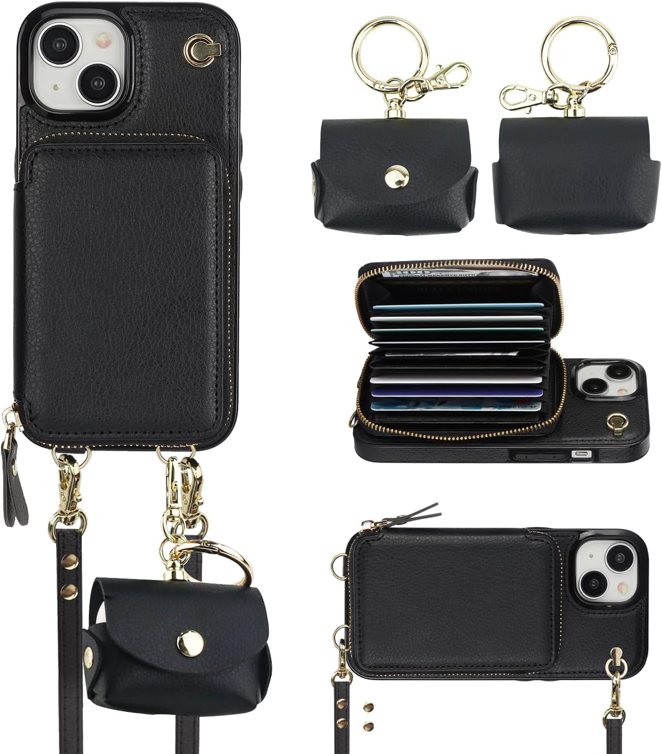 Bocasal A Multi Slots Crossbody Wallet Case for iPhone 15 + A Slim Leather Case for AirPods Pro
