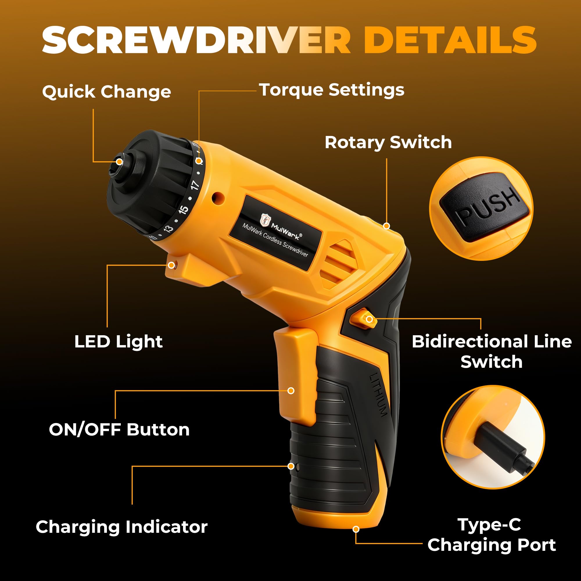 MulWark Cacciavite elettrico da 4 V, set di cacciaviti a batteria con 46 punte di precisione, design ricaricabile e leggero, manico rotante regolabile, luce LED integrata per progetti domestici e fai