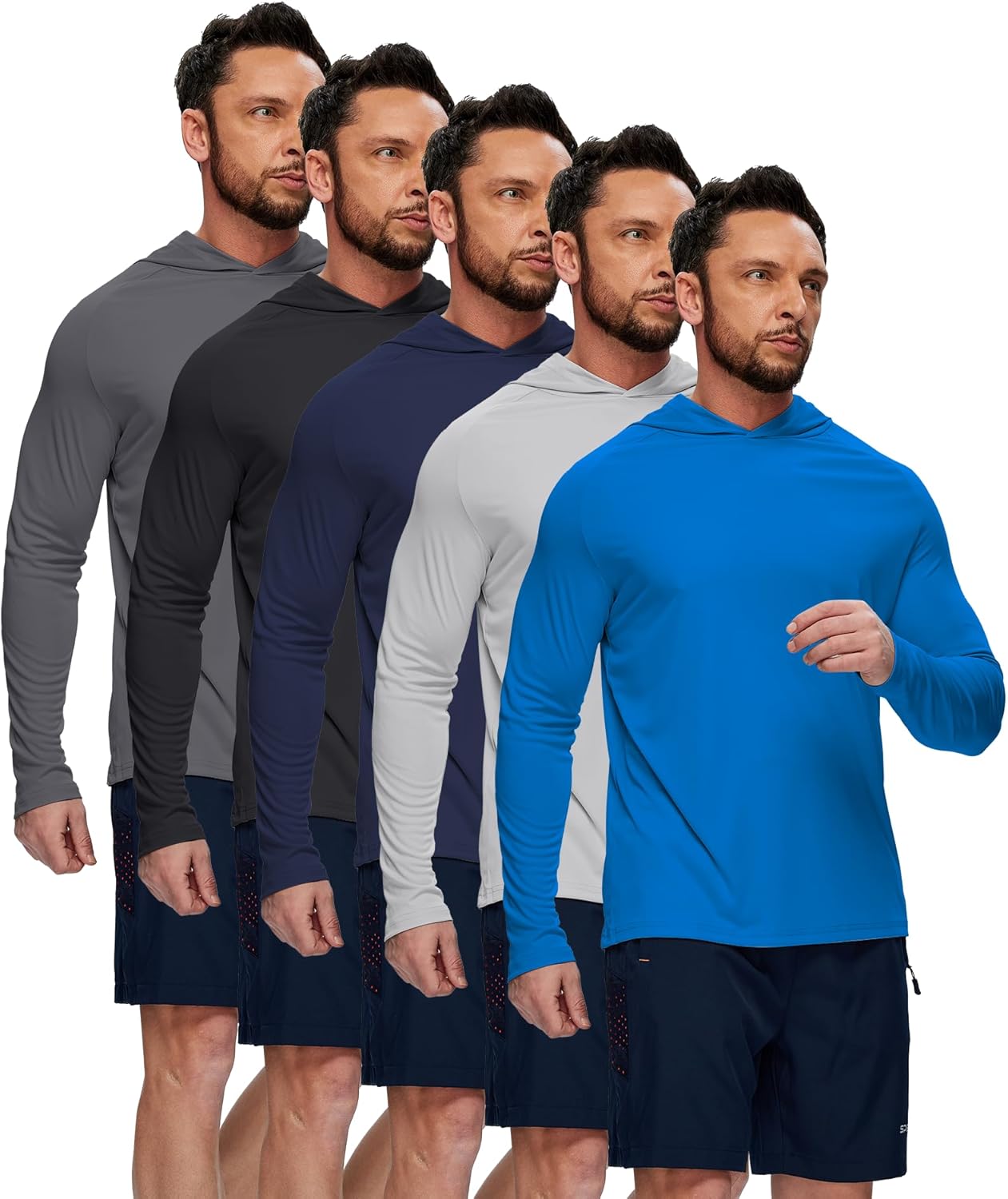 5 Pack Mens UPF 50+ Sun Protection Hoodie Long Sleeve UV SPF Fishing Shirts Lightweight Running Rash Guard Sun Shirt