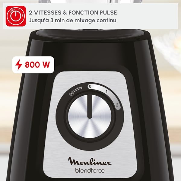 Moulinex Blender Blendforce, 800W, 2 Vitesses + Fonction Pulse, Capacité 1,75 L, Nettoyage facile, Mixage jusqu'à 3min en continu, Noir, LM42051 - 4