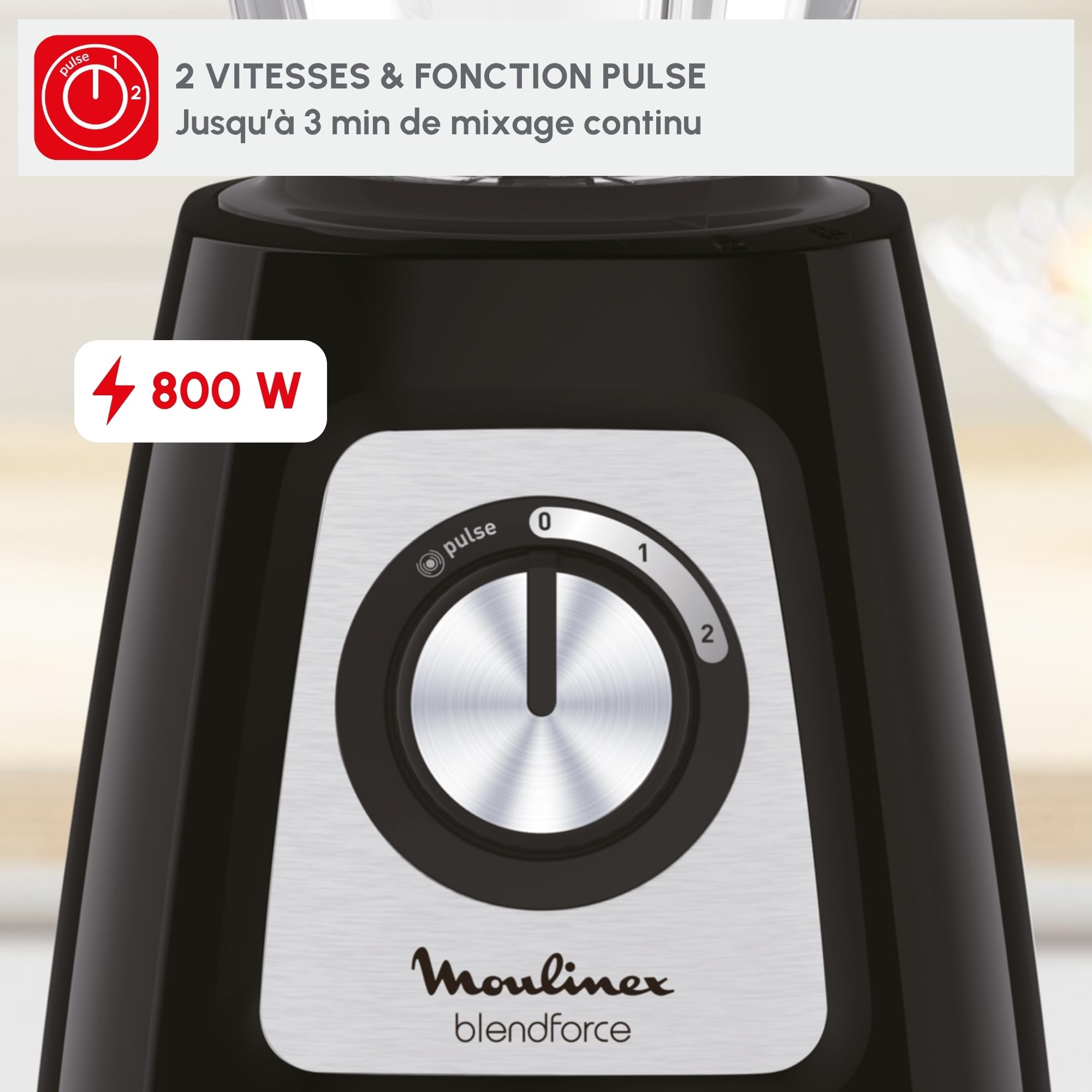 Moulinex Blender Blendforce, 800W, 2 Vitesses + Fonction Pulse, Capacité 1,75 L, Nettoyage facile, Mixage jusqu'à 3min en continu, Noir, LM430810