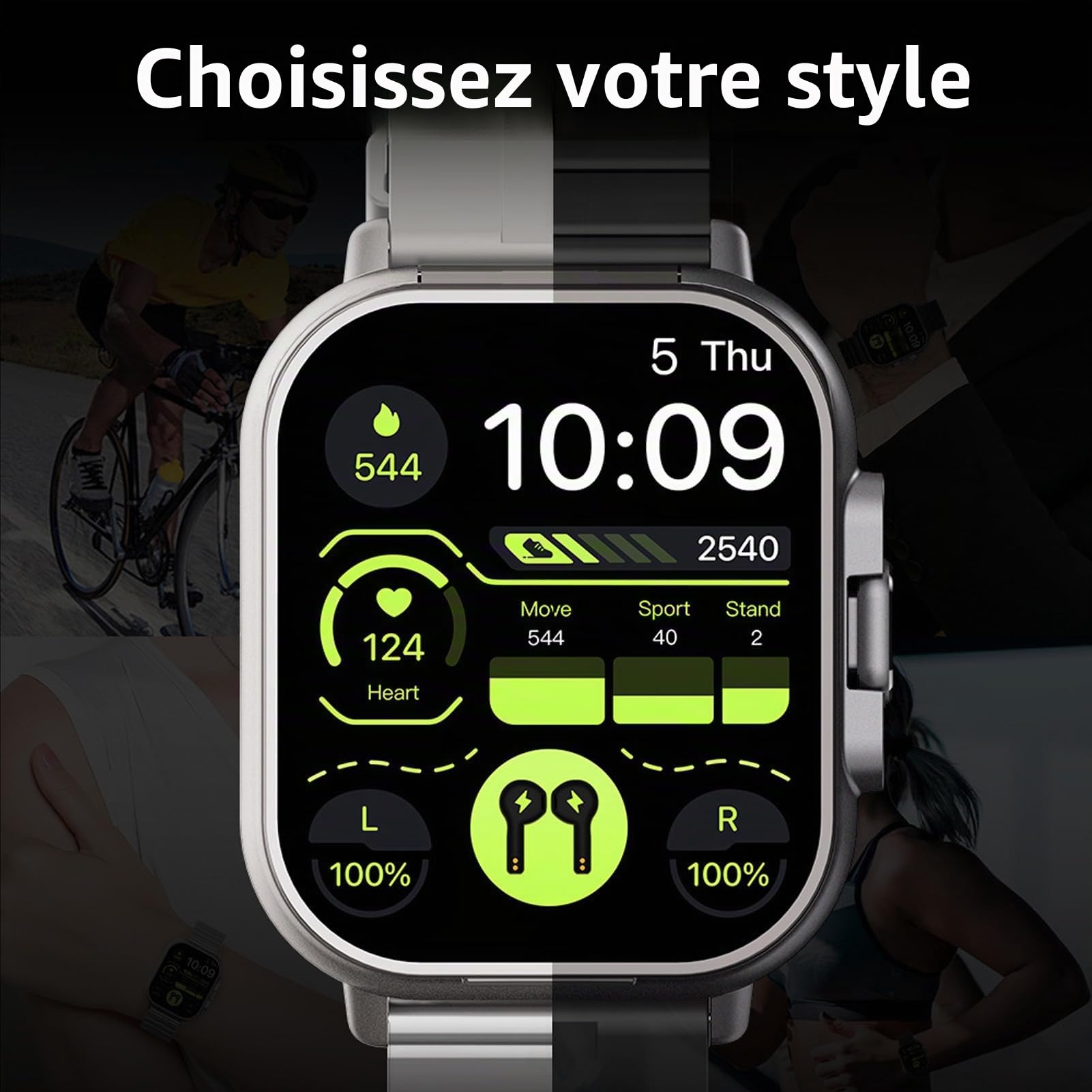 Montre Intelligente avec écouteurs, écran HD 2,01 pour Hommes et Femmes, Tracker d'activité étanche IP67, 100 + Mode Sport, Moniteur de Sommeil Fréquence Cardiaque, Podomètre pour Android et iOS