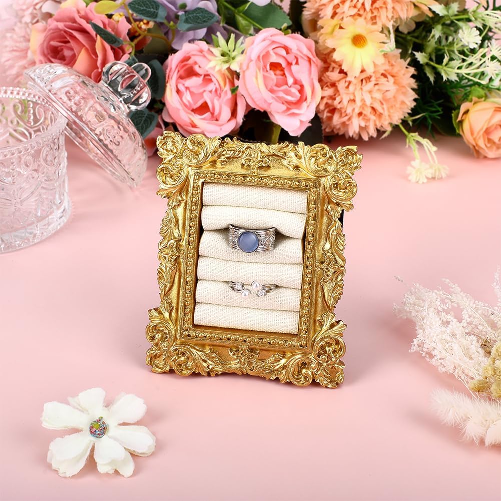FINGERINSPIRE Vintage Ring Holder 4x3.2x0.9inch Rectangle Jewelry Rings Display Frame 5 Slots Gold Resin Frame Stand with Antique White Cloth Lining for Ring Jewelry Organizer Photography Supply