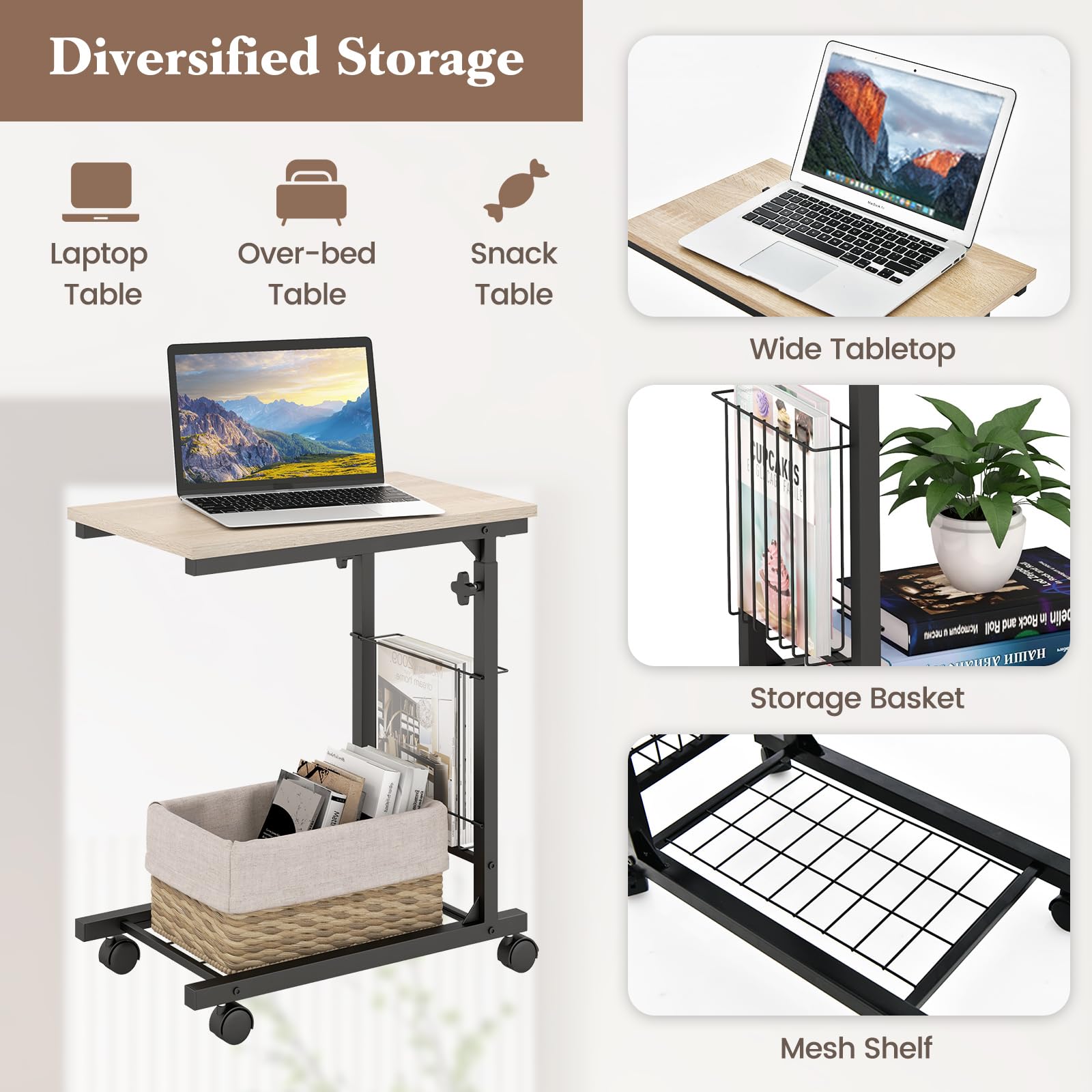 GIANTEX Mesa Auxiliar en Forma de C 50 x 30 cm con 4 Ruedas (2 con Freno), Altura Ajustable 58-80 cm, Cesto de Metal Lateral, Mesa Lateral para Dormitorio, Salón (Natural)