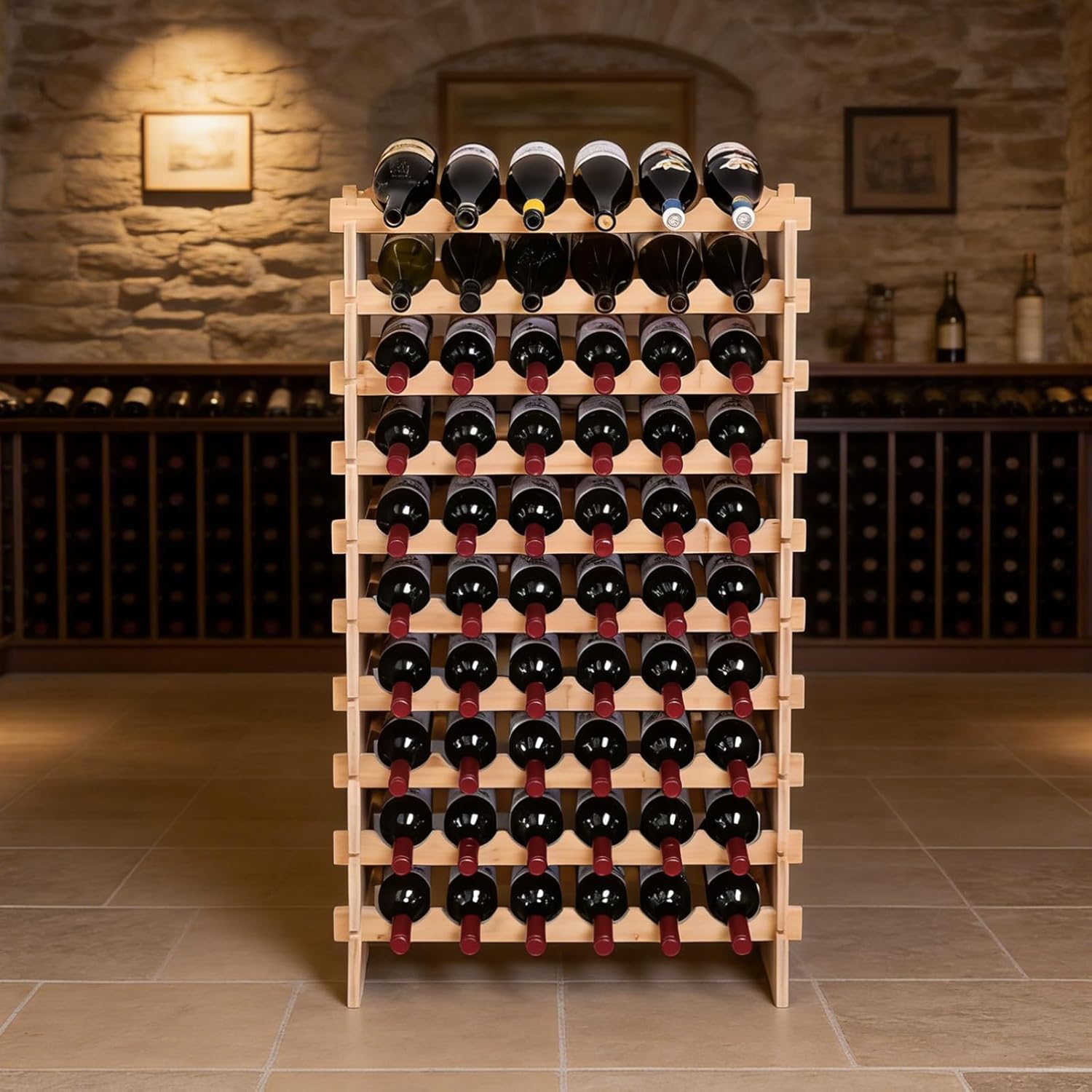 60 Bottles Bamboo Stackable Modular Bamboo Wine Rack, 10-Tier Wooden Wine Storage Rack Freestanding Wine Holder Display Shelves，Wine Rack freestanding Floor