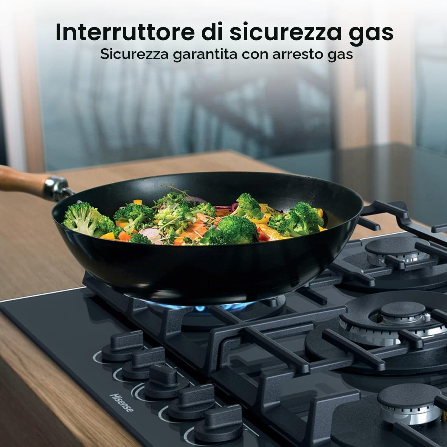 Hisense GG773B 75cm 5 fuochi built-in piano cottura a gas Finitura Vetro Temperato, Nero