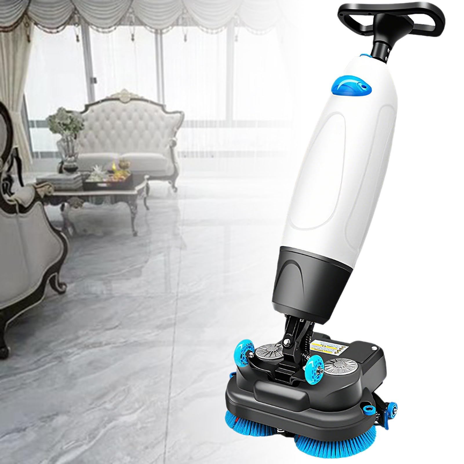 Industrial Grade Floor Scrubber, Floor Cleaning Machine, 17” Path, Cordless Electric Cleaner with Double Brushes and Swivel Head for Hospitality &amp; Commercial Venues White