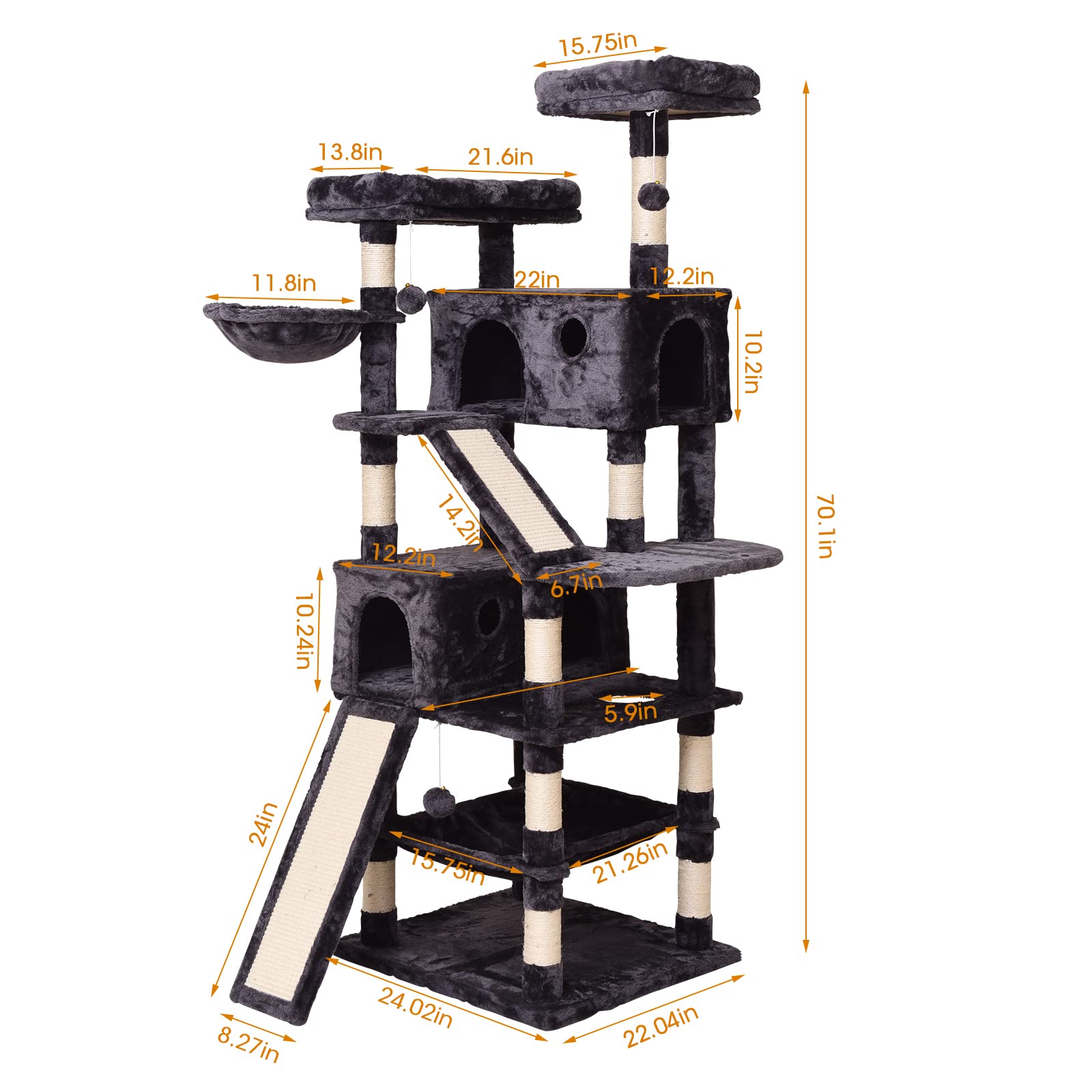 Katzenkratzbaum,Kratzbaum für Große Katzen 180 cm hoch, Katzenbaum mit Haus, viele Aussichtsplattformen, Katzenhängematte,Sisal Seil Kletterleiter, Plüsch Liegematte Marke: JISSBON (Black)