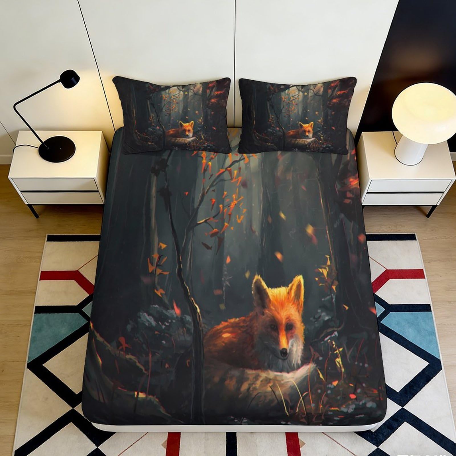3D Printed Fox Forest Fitted Sheet Microfiber Soft Autumn Leaves Bed Cover for Bedroom Dorm Mattress Protection Decor 90x200x25cm