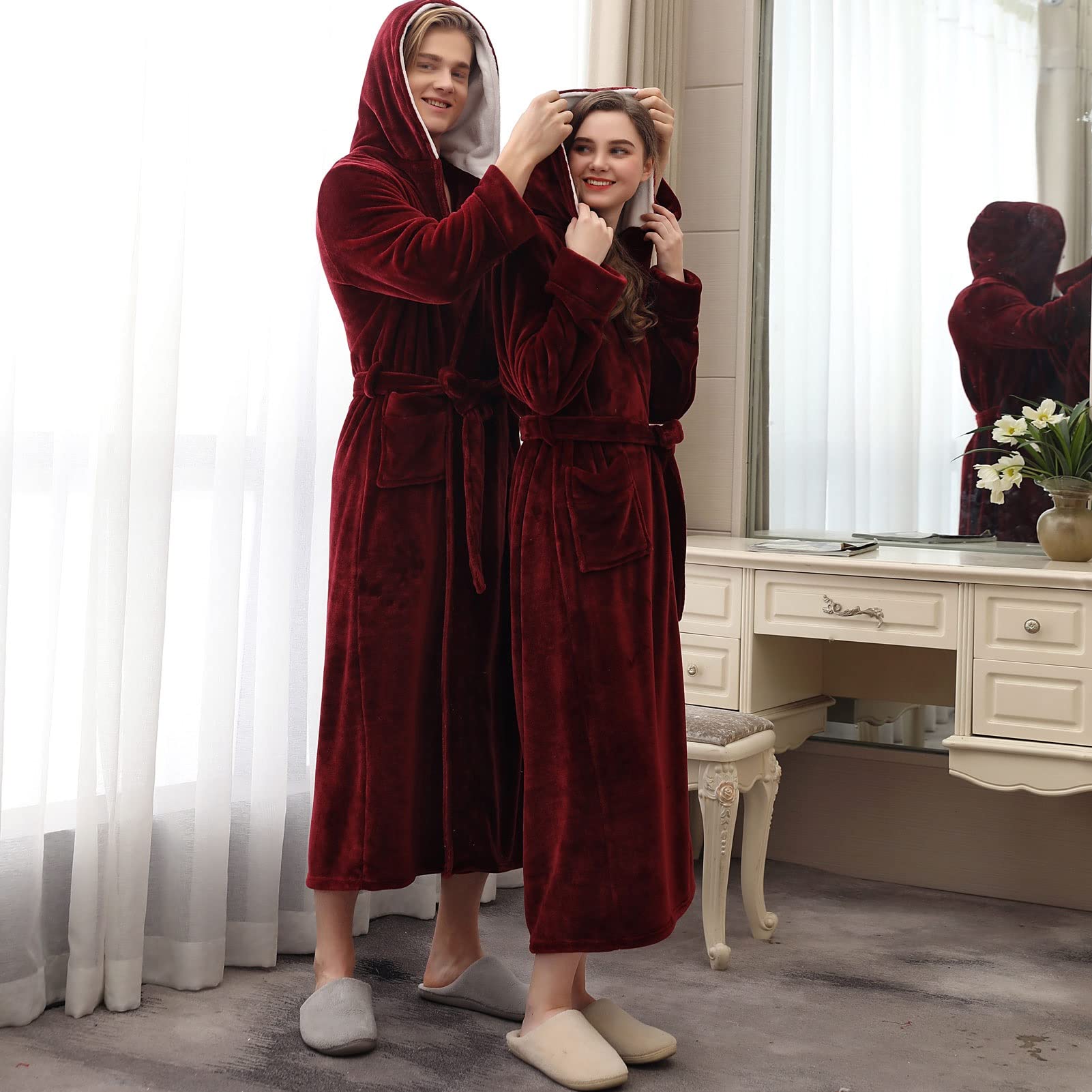 womens burgundy dressing gown Burgundy Satin Hooded Robe – Long Kimono Sleeve Dressing Gown XS/S / Burgundy