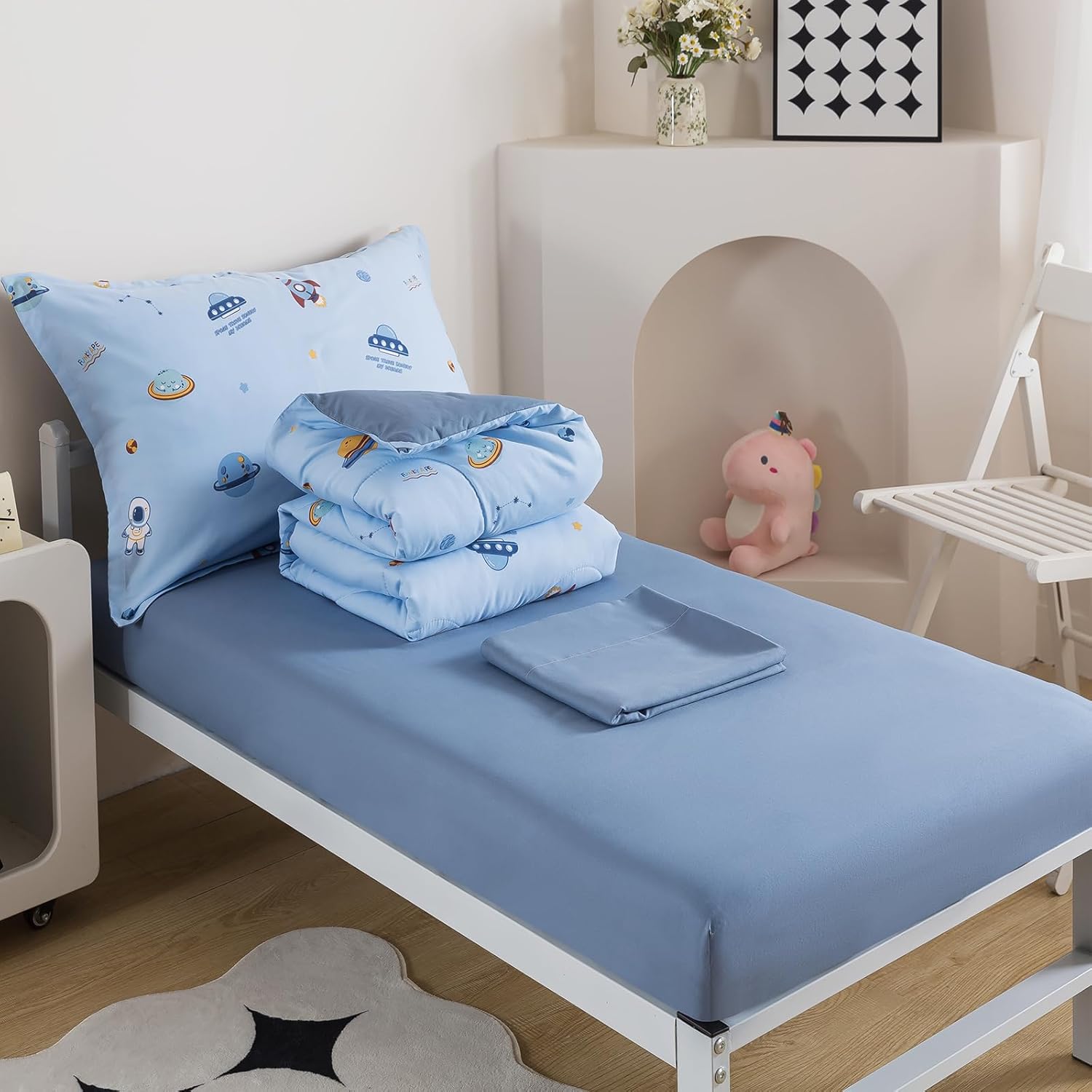 Caressma Toddler Bedding Set for Kids - Lovely Spaceship Print 4 Pieces Blue Comforter Sets, Bed in a Bag Include Comforter, Fitted Sheet, Flat Sheet & Pillowcase