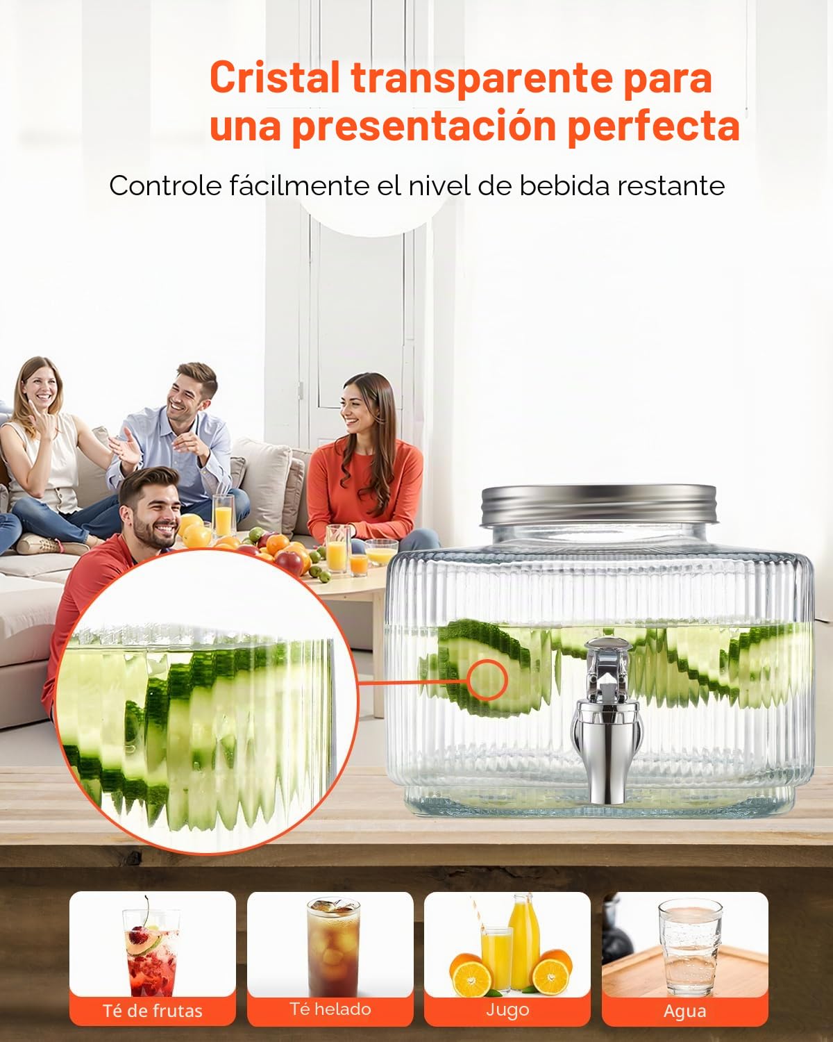 VEVOR Dispensador de Bebidas 3 L para Fiestas, Dispensador de Zumo de Cristal con Grifo y Tapa Antigoteo, para Agua, Té Helado, Limonada y Zumo para Restaurantes, Hoteles y Fiestas, Transparente