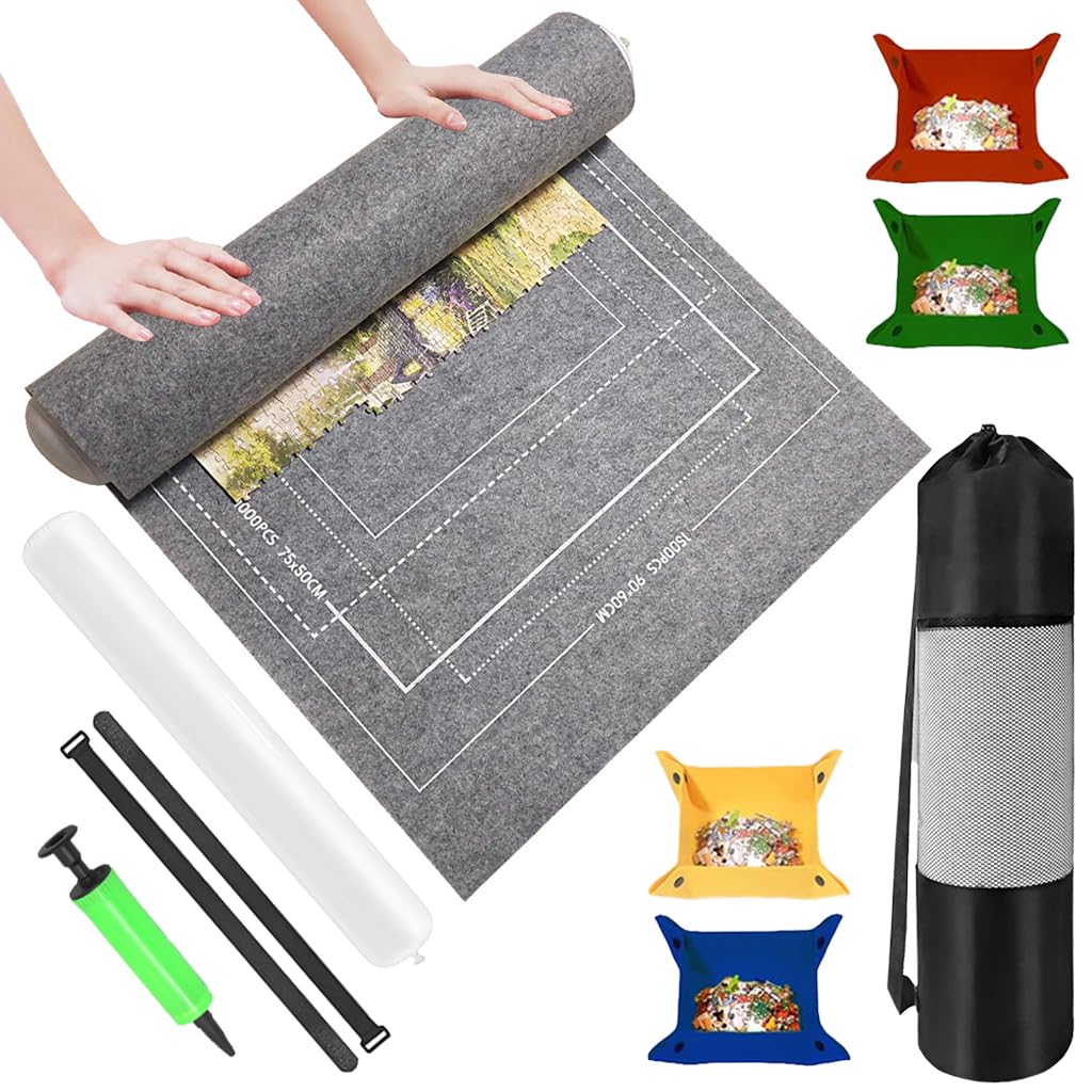 PATPAT® Felt Puzzle Floor Mat Puzzle Storage Mat for 1500 Count Jigsaw Puzzle Pieces, with 4 Puzzle Pieces Organizer Tray, Air Pillar, Air Pump, Fastener Strap, Storage Bag, No Jigsaw Puzzle Included-image-16