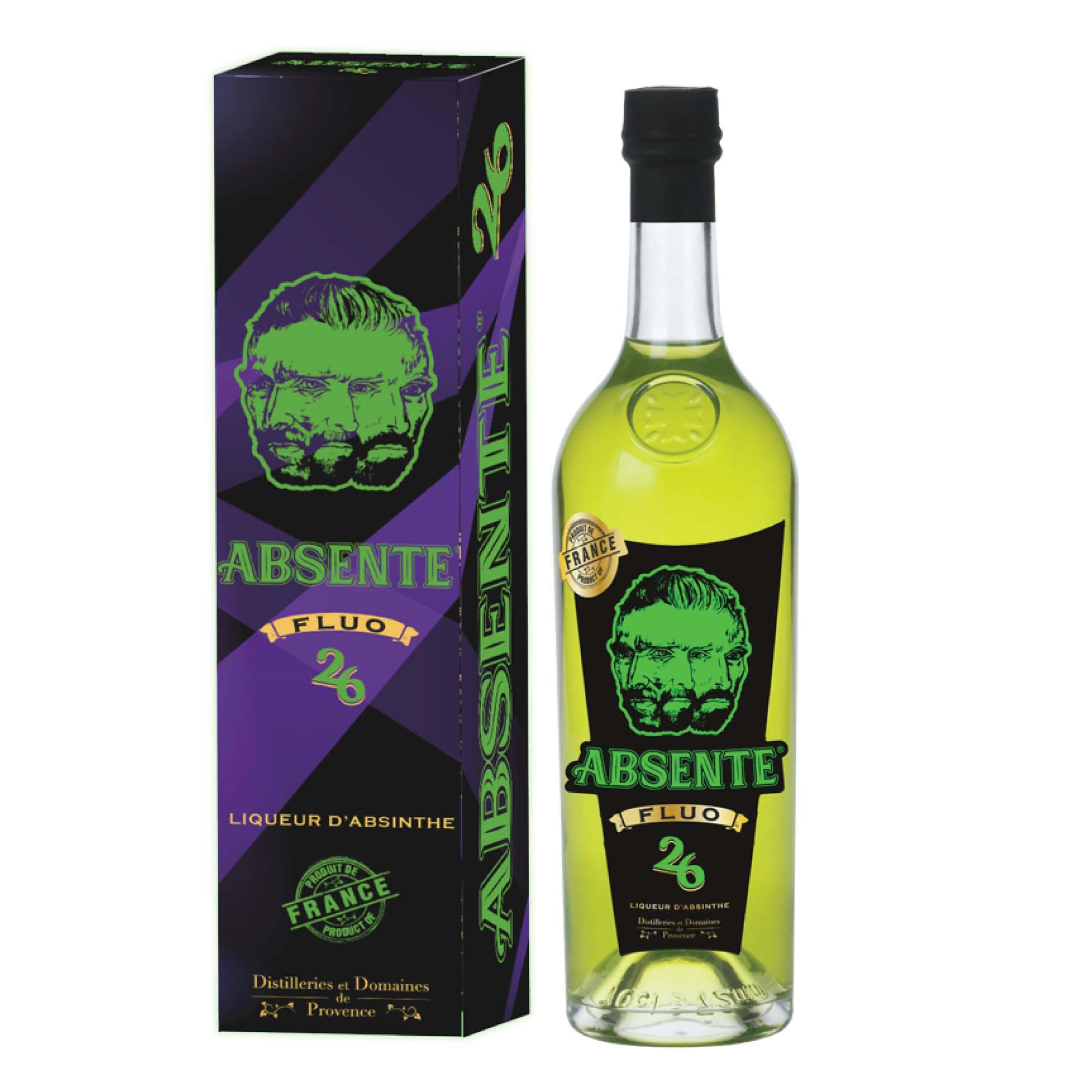 Absente Fluo 26° Absinthe Liqueur - 26% ABV Low Alcohol Absinthe Liqueur - 70cl - Ready to Drink - Produced by Distilleries et Domaines de Provence - Shot Drinks