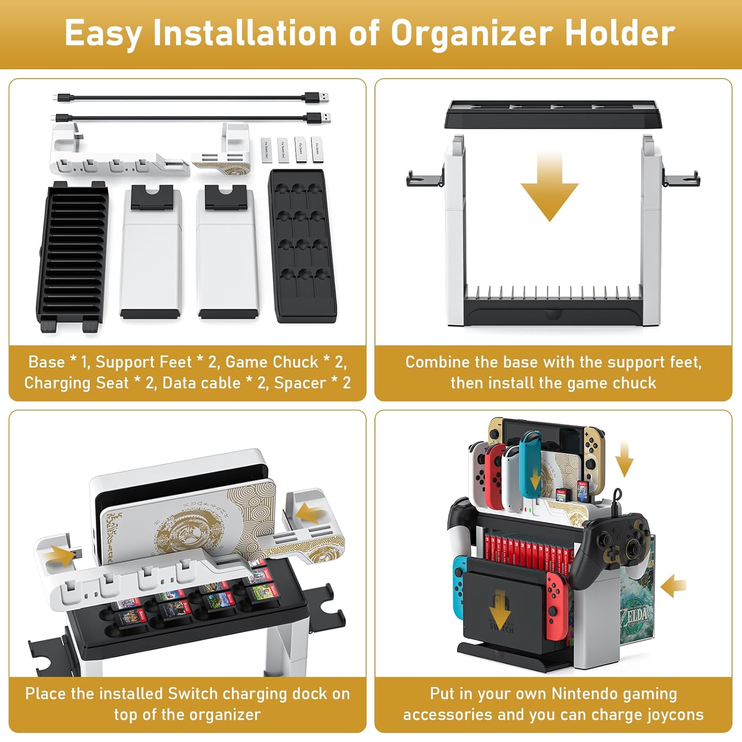 Switch Games Organizer Station with Controller Charger, Charging Dock for Nintendo Switch & OLED Joycons, Switch Mounts, Brackets & Stands for Games, the Legend of Zelda: Tears of the Kingdom Edition