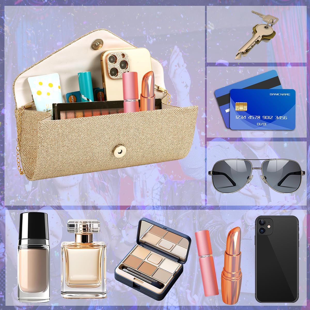 Clutch Purses for Women,Evening Bag Envelope Clutch with Detachable Chain Sparkle Elegance: Champagne Gold