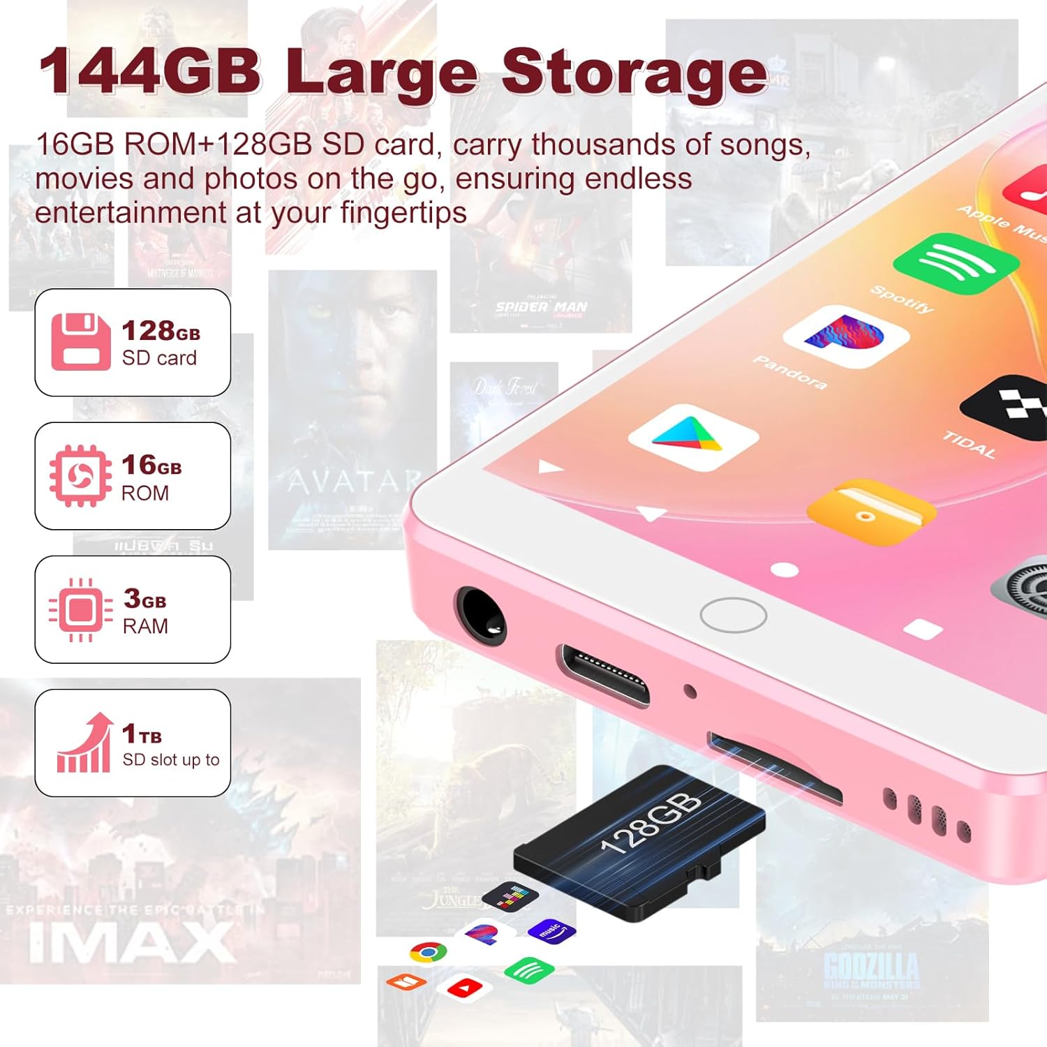 144GB MP3 Player with Bluetooth WiFi, Android 13 OS MP3 MP4 Players with 4" Touchscreen and Speaker, Spotify Music Players with Audible, FM Radio, Amazon Music, Play Store (Pink) - Image 6