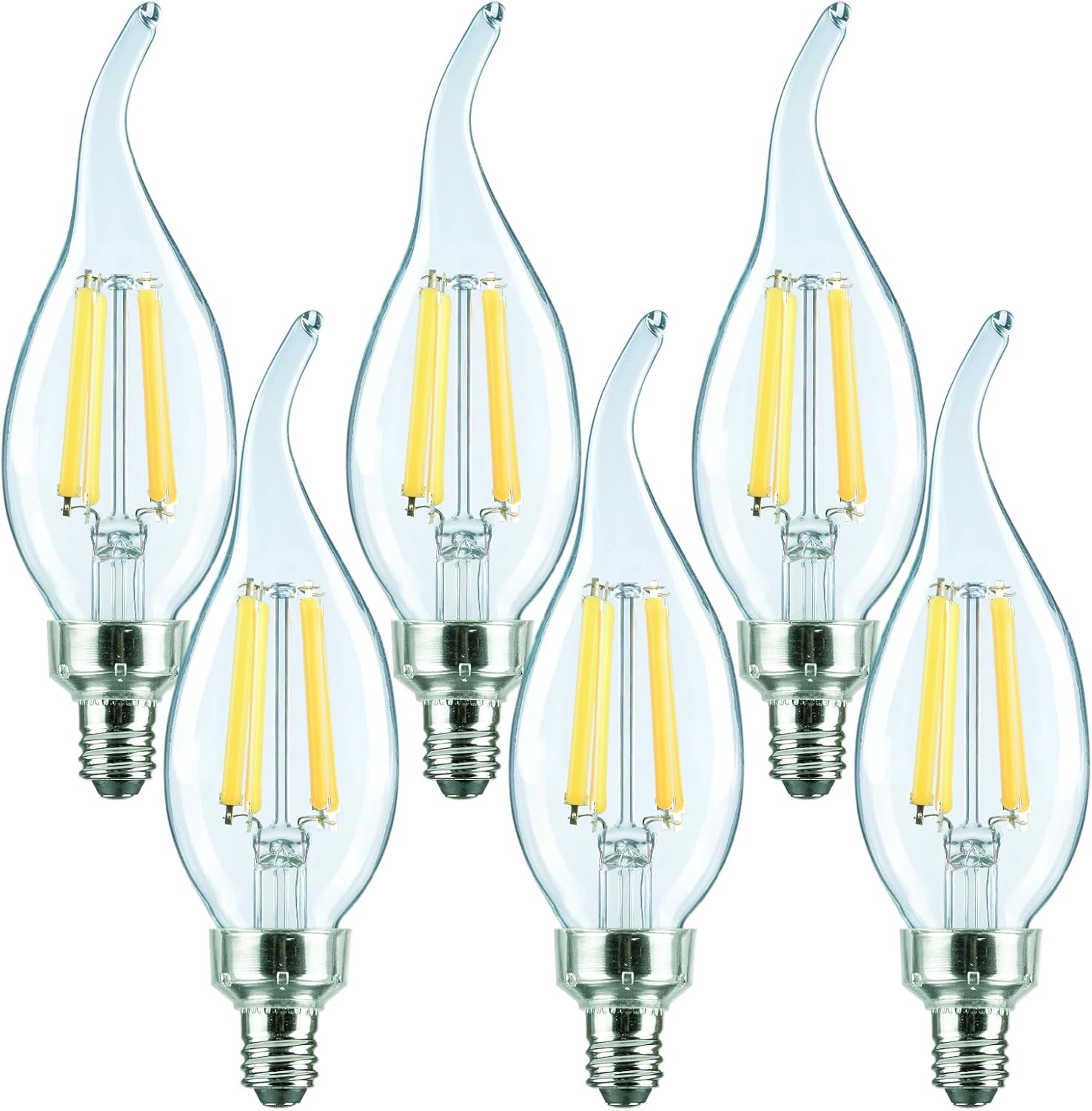 Candelabra LED Light Bulbs, CA11 LED E12 Chandelier Light Bulbs, Dimmable 100W Equivalent, 3500K Neutral White 900 Lumens 8W, High Brightness, High CRI 90+ Clear Flame Tip Glass, 6 Pack