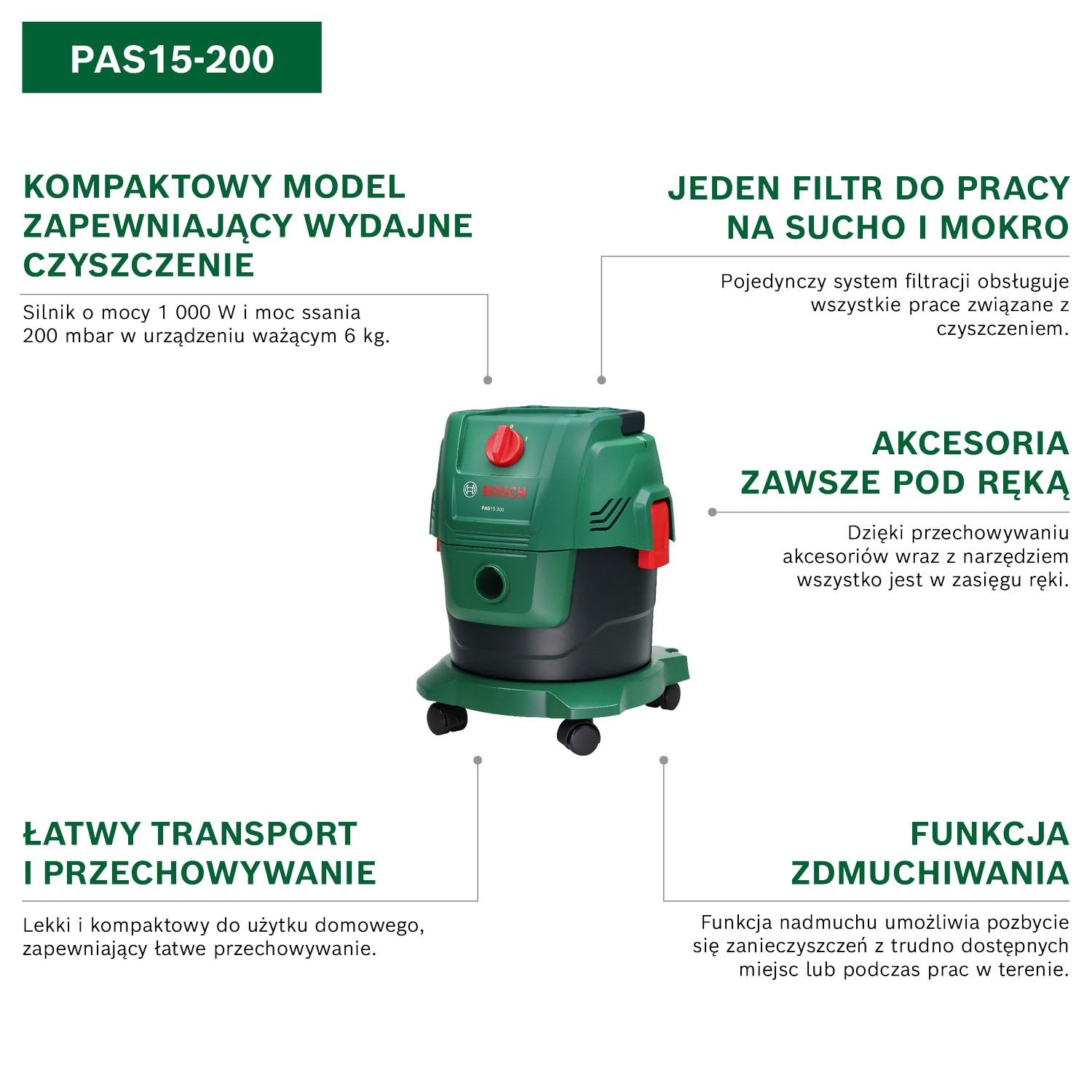 Bosch Odkurzacz do pracy na sucho i mokro Pas15-200 (Rury, Tworzywo Sztuczne, Wąż Odsysający 2,2 M, Uchwyt/Kolanko, Dysza Do Podłóg I Dysza Do Fug, Worek Papierowy, Fsc, Filtr Kartridżowy)